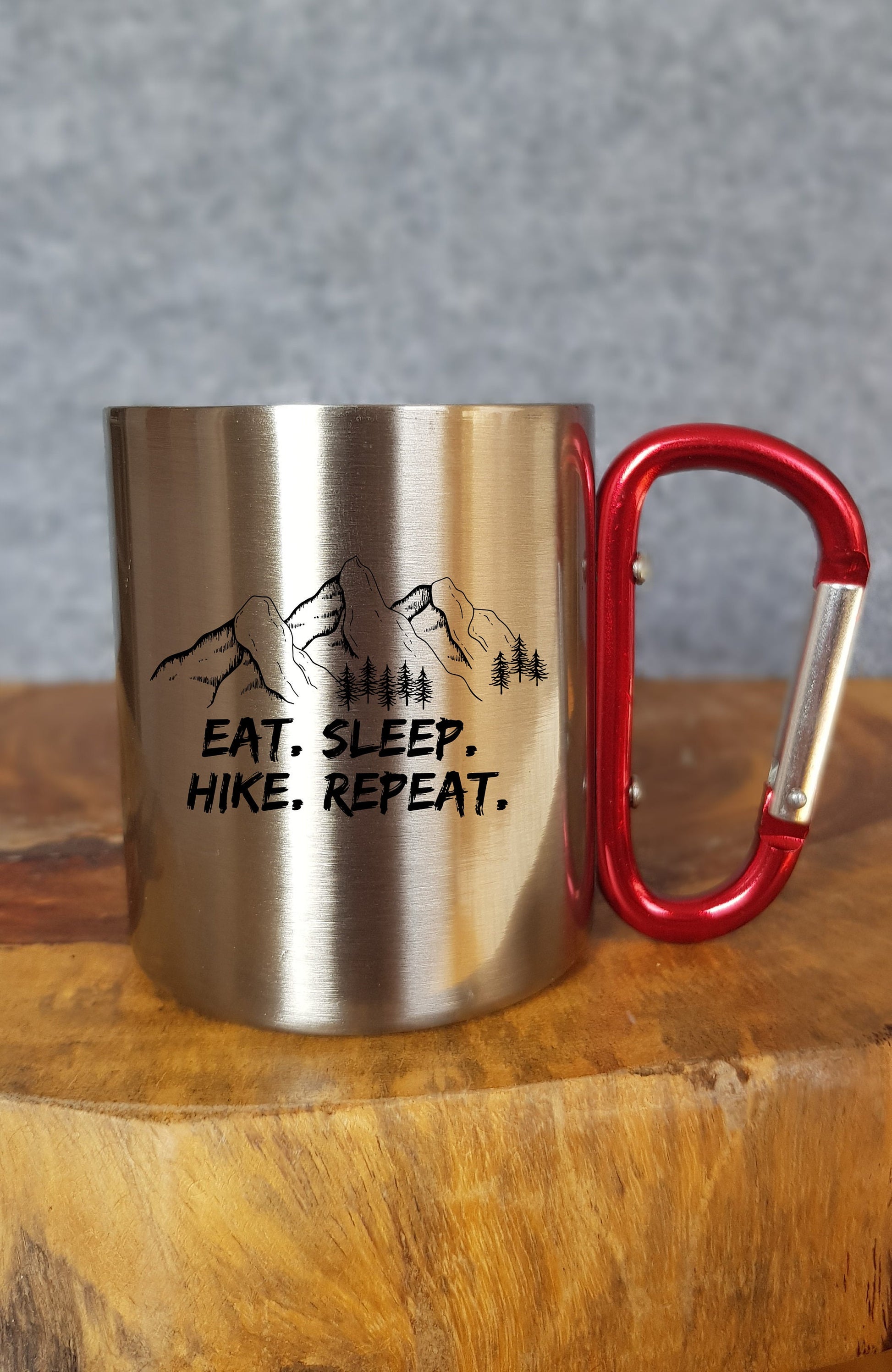 Eat. Sleep. Hike. Repeat. - Personalisierbare Tasse - Geschenk - Karabinerhaken - Reisen - Wandern - Klettern - Natur - Outdoor - Camping