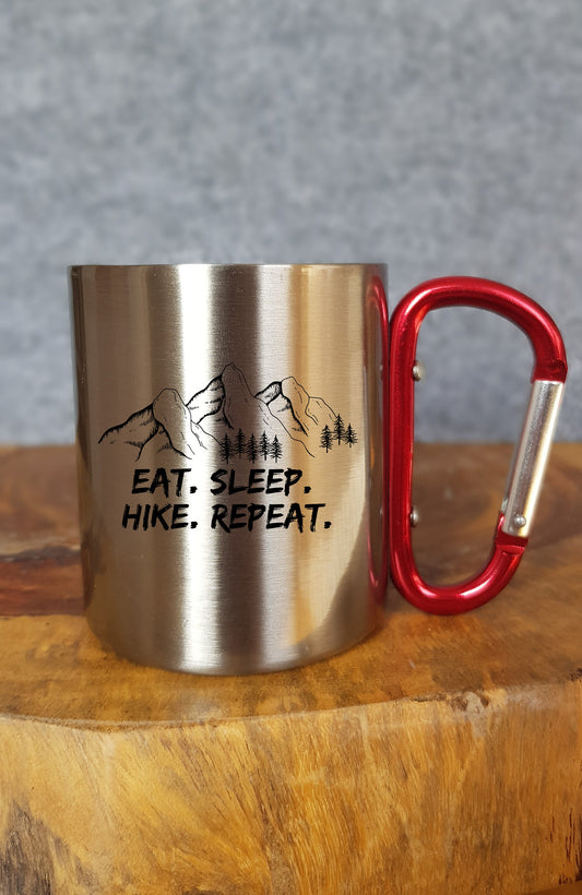 Eat. Sleep. Hike. Repeat. - Personalisierbare Tasse - Geschenk - Karabinerhaken - Reisen - Wandern - Klettern - Natur - Outdoor - Camping