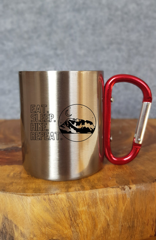 Eat. Sleep. Hike. Repeat. - Personalisierbare Tasse - Geschenk - Karabinerhaken - Reisen - Wandern - Klettern - Natur - Outdoor - Camping