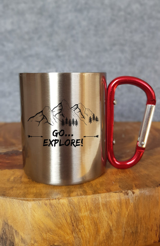 Go...Explore! - Personalisierbare Tasse - Geschenk - Karabinerhaken - Reisen - Wandern - Klettern - Natur - Outdoor - Camping - Berge