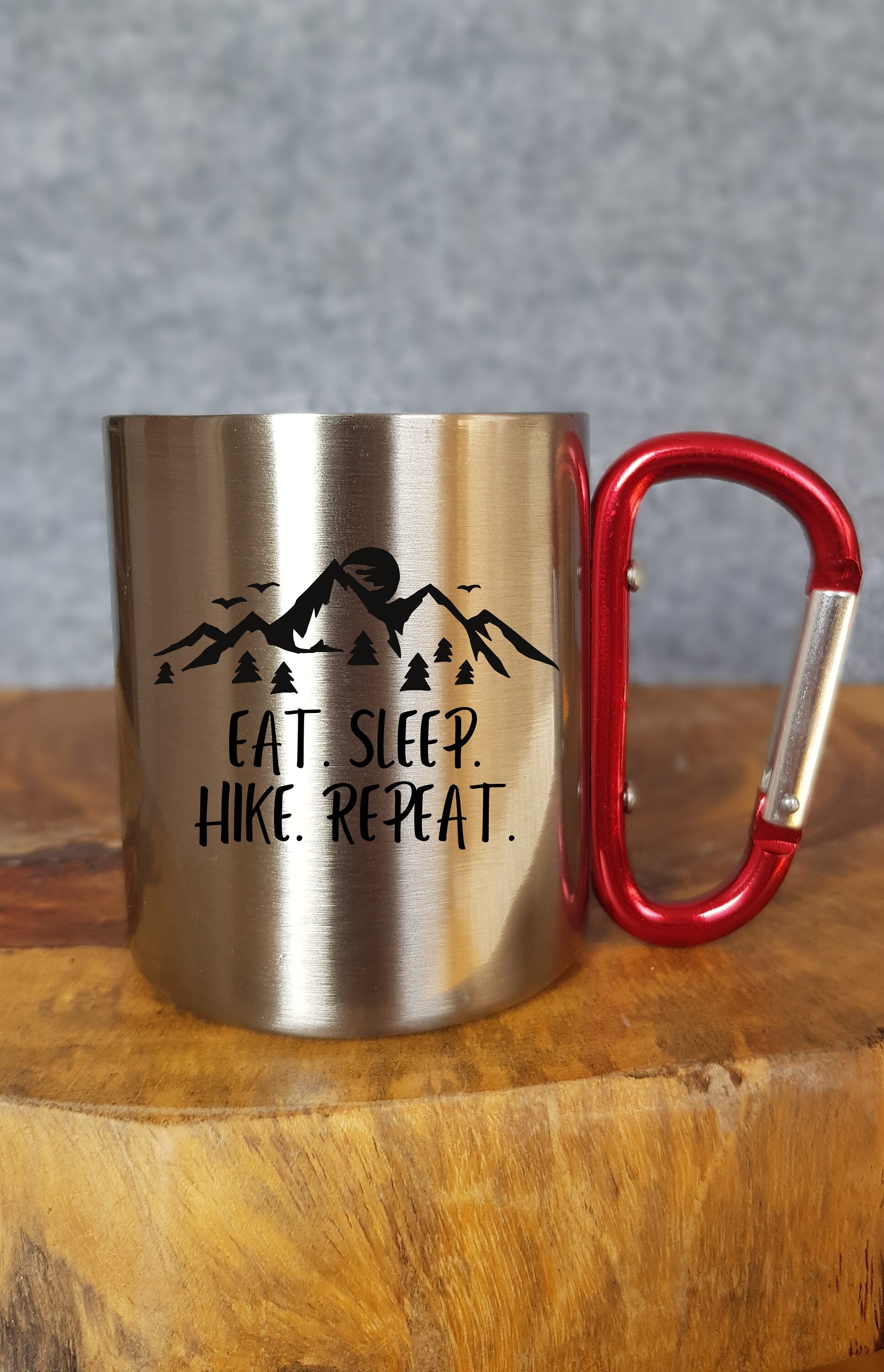 Eat. Sleep. Hike. Repeat. - Personalisierbare Tasse - Geschenk - Karabinerhaken - Reisen - Wandern - Klettern - Natur - Outdoor - Camping