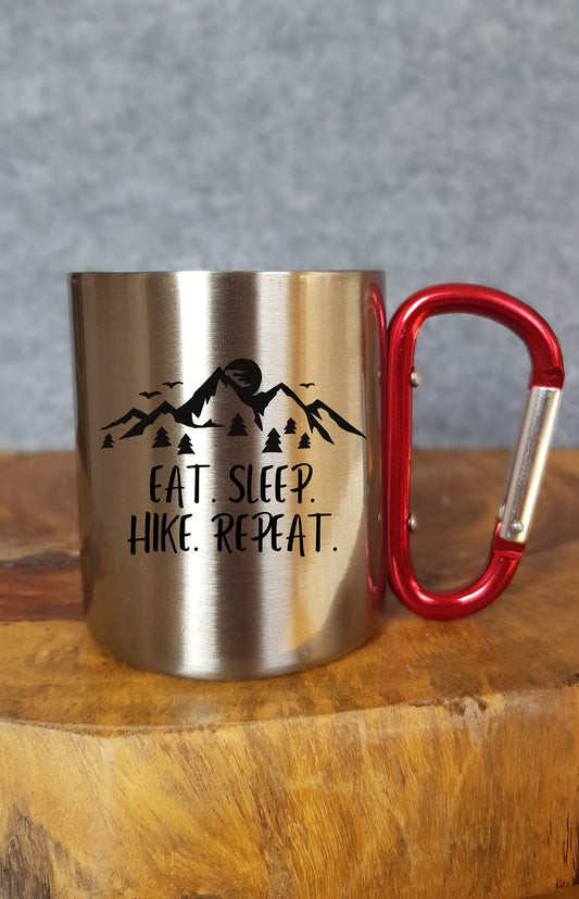 Eat. Sleep. Hike. Repeat. - Personalisierbare Tasse - Geschenk - Karabinerhaken - Reisen - Wandern - Klettern - Natur - Outdoor - Camping