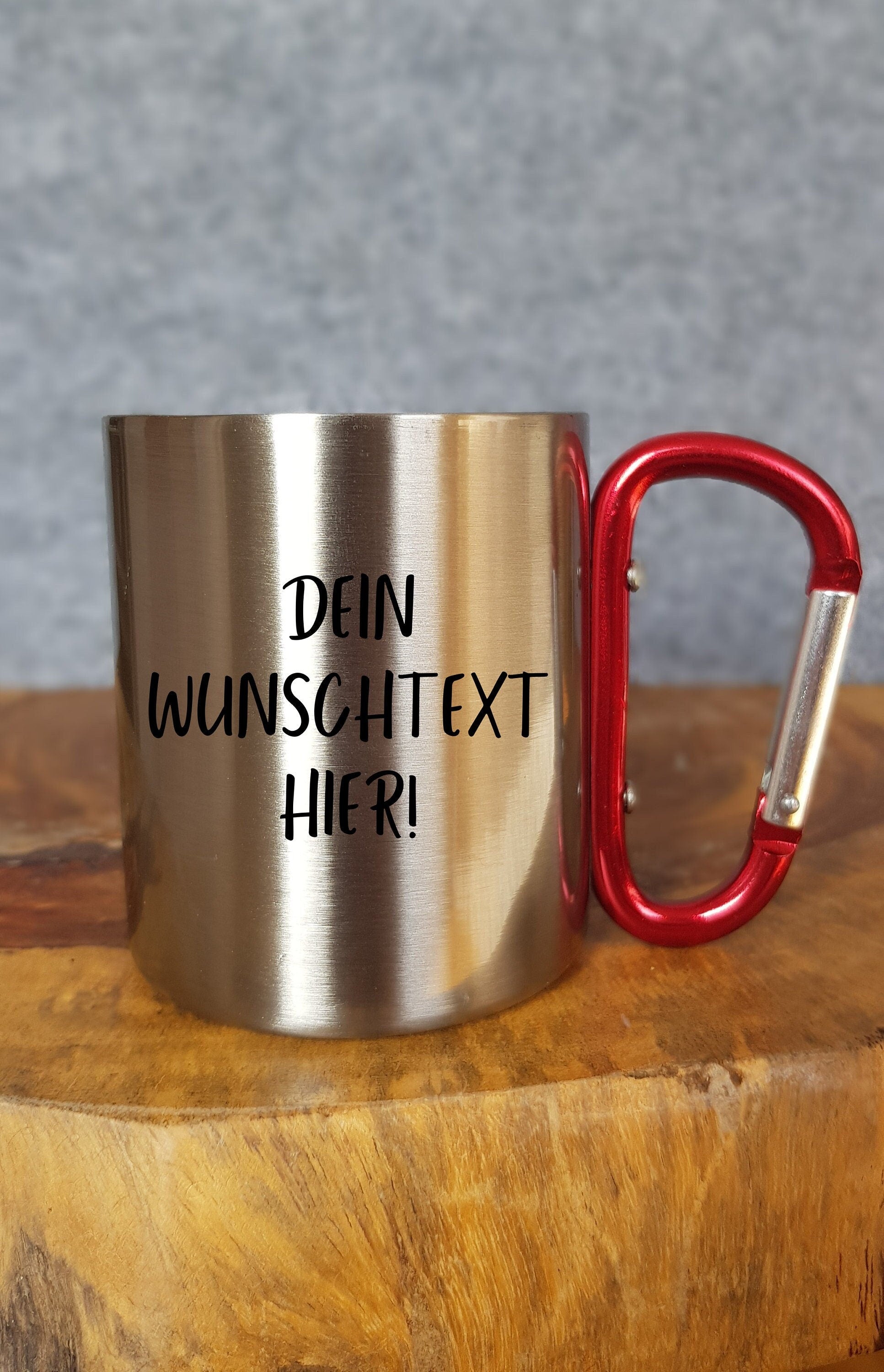 Personalisierter Edelstahlbecher mit Wunschtext - Edelstahltasse - Karabinerhaken - Outdoor - Reisen - Camping - Wandern - 220ml - 330 ml