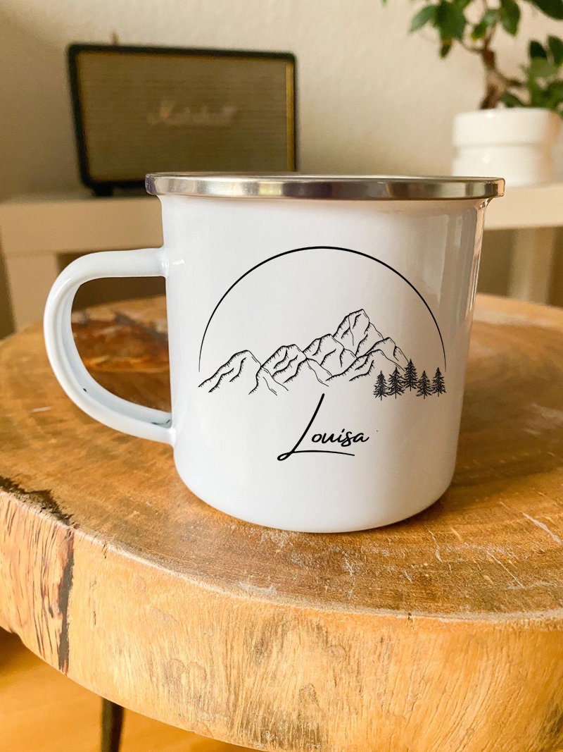 Personalisierbare Tasse - Emaille - Edelstahl - Bergsilhouette - Outdoor - Wandern - Geschenk - Karabiner