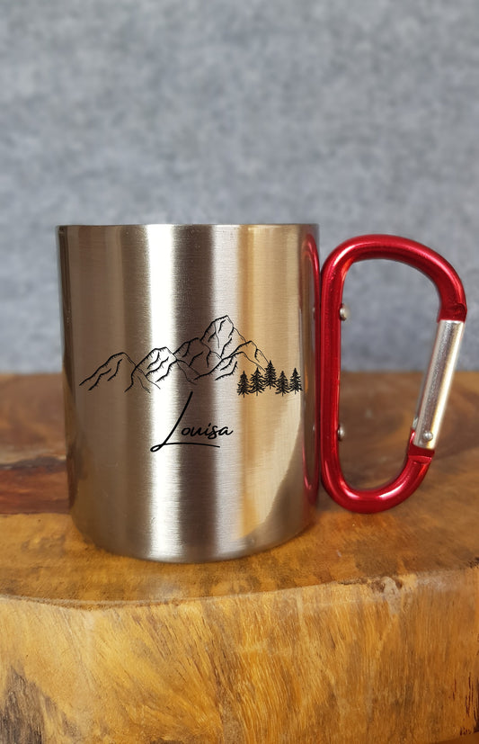 Personalisierbare Tasse - Emaille - Edelstahl - Bergsilhouette - Outdoor - Wandern - Geschenk - Karabiner