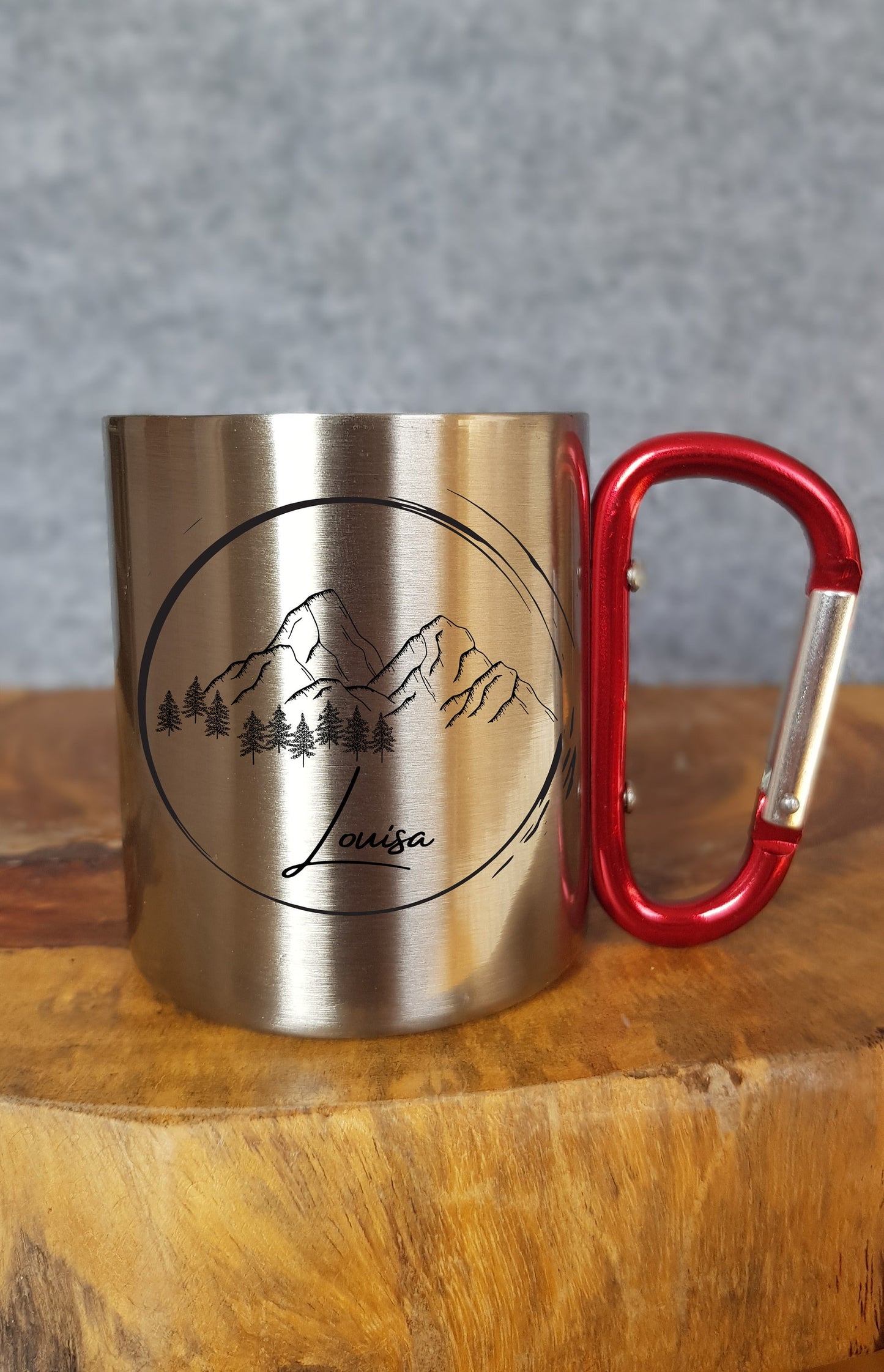 Personalisierbare Tasse - Emaille - Edelstahl - Bergsilhouette - Outdoor - Wandern - Geschenk - Karabiner
