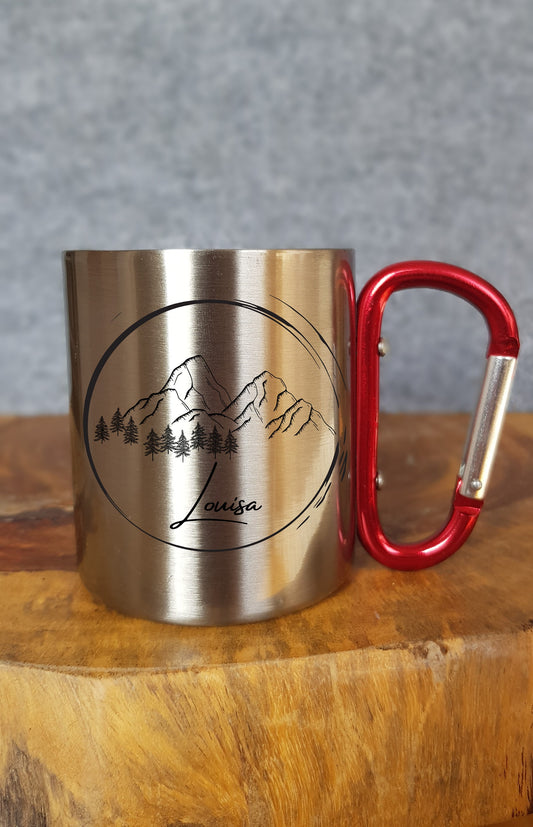 Personalisierbare Tasse - Emaille - Edelstahl - Bergsilhouette - Outdoor - Wandern - Geschenk - Karabiner