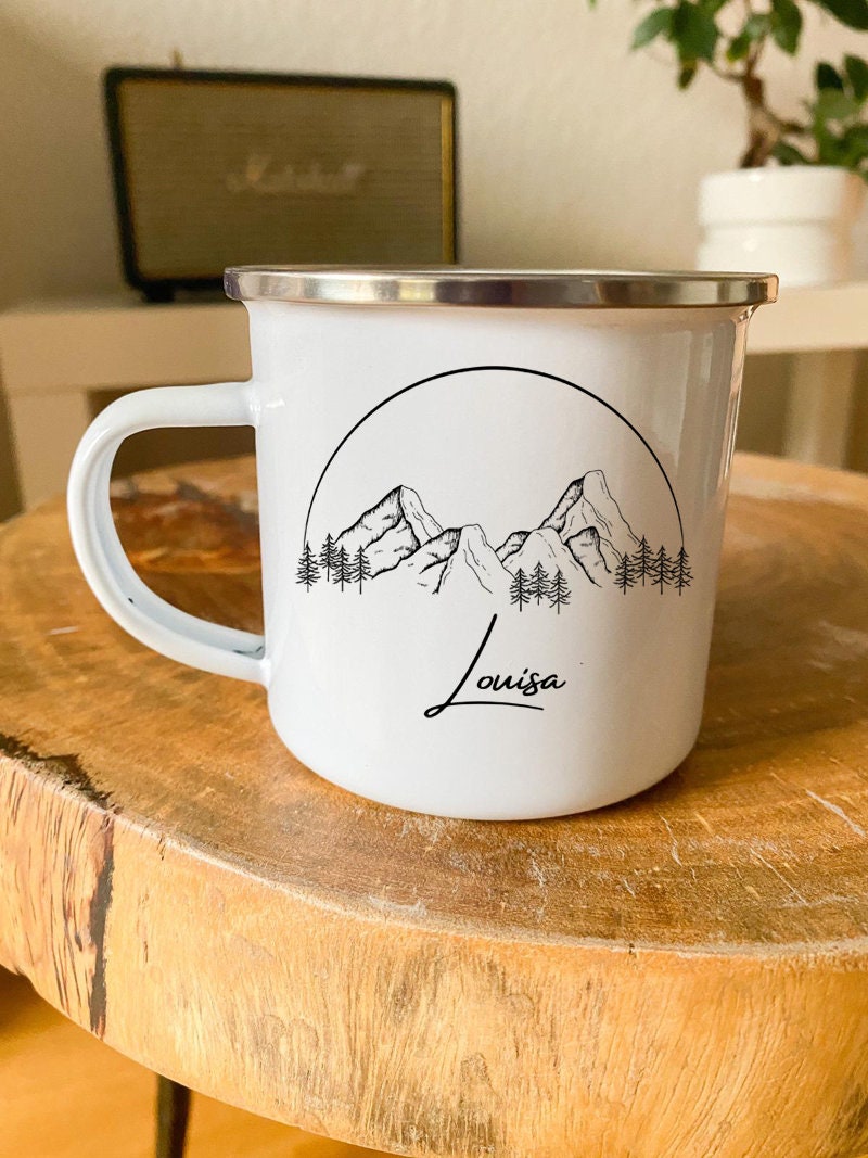 Personalisierbare Tasse - Emaille - Edelstahl - Bergsilhouette - Outdoor - Wandern - Geschenk - Karabiner