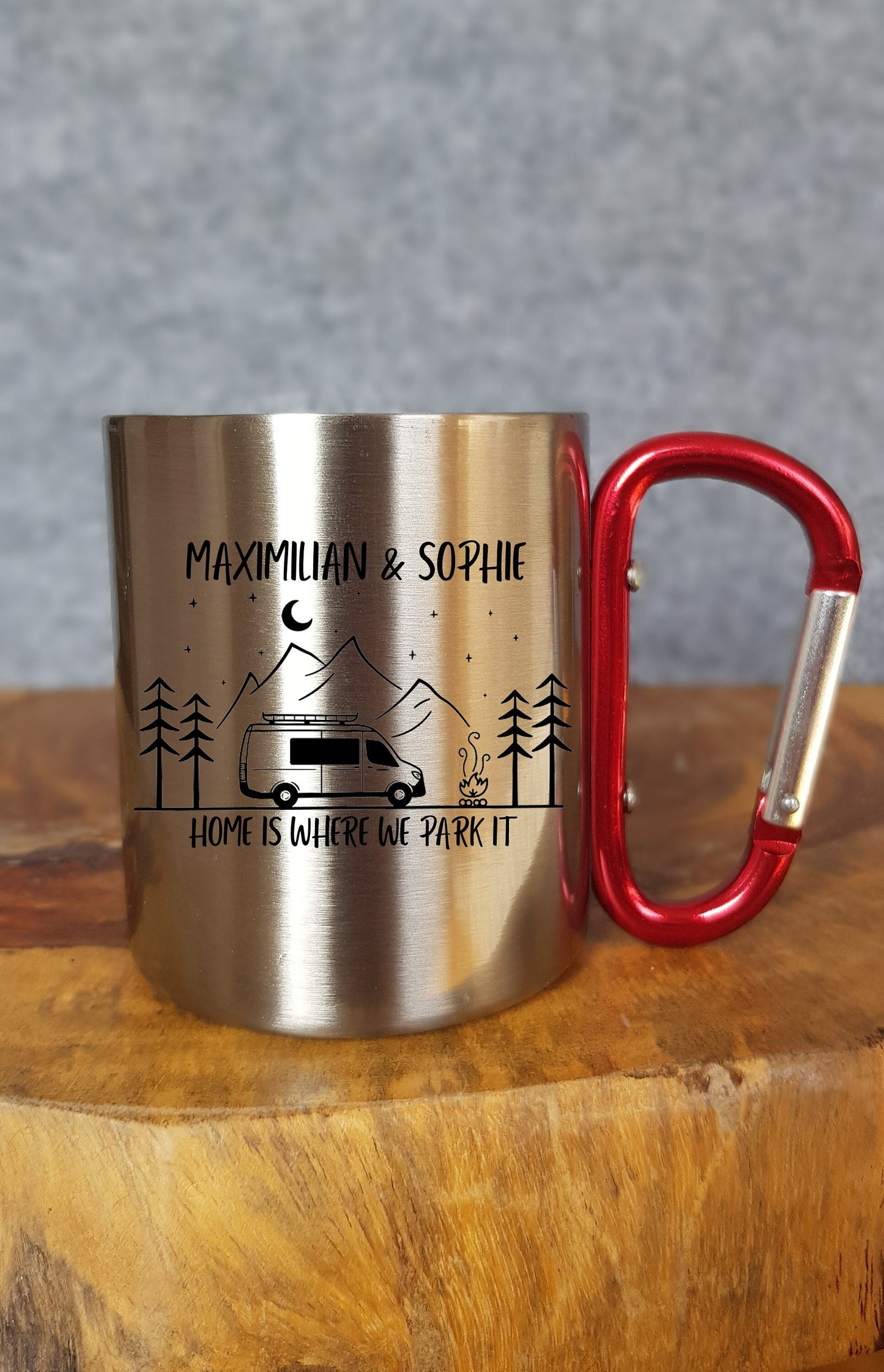 Personalisierbare Tasse - Emaille - Edelstahl - Bergsilhouette - Outdoor - Wandern - Geschenk - Karabiner