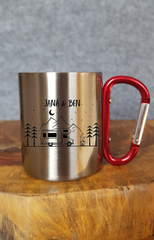 Personalisierbare Tasse - Emaille - Edelstahl - Bergsilhouette - Outdoor - Wandern - Geschenk - Karabiner