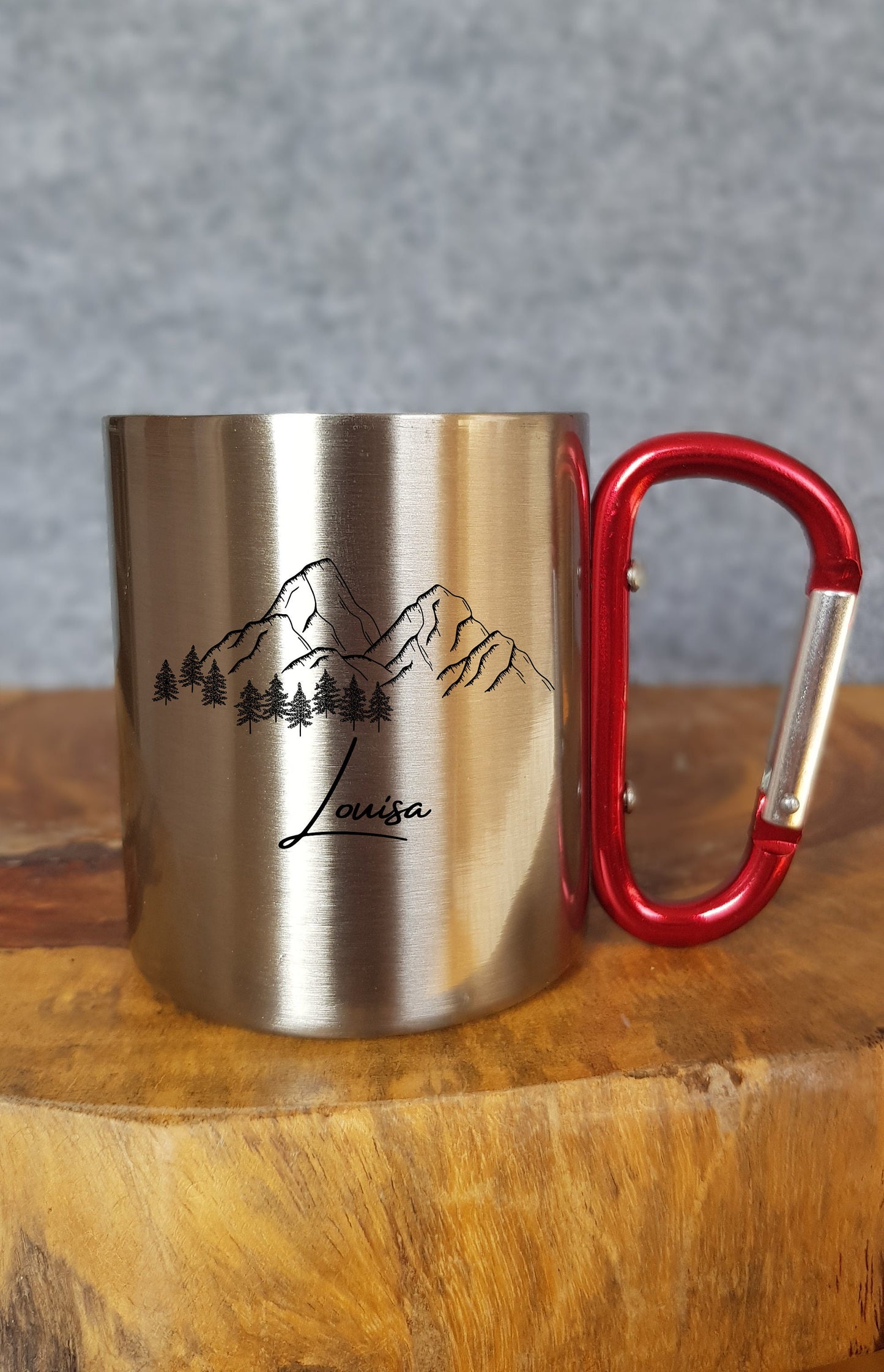 Personalisierbare Tasse - Emaille - Edelstahl - Bergsilhouette - Outdoor - Wandern - Geschenk - Karabiner