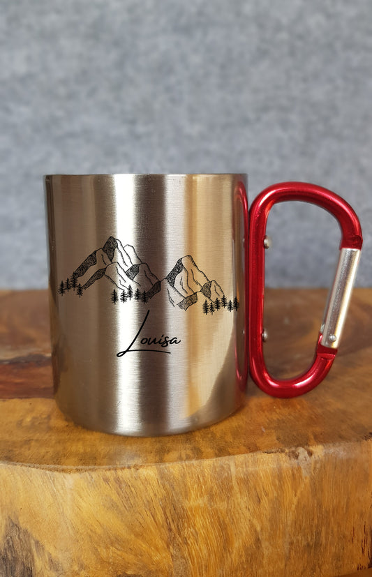 Personalisierbare Tasse - Emaille - Edelstahl - Bergsilhouette - Outdoor - Wandern - Geschenk - Karabiner