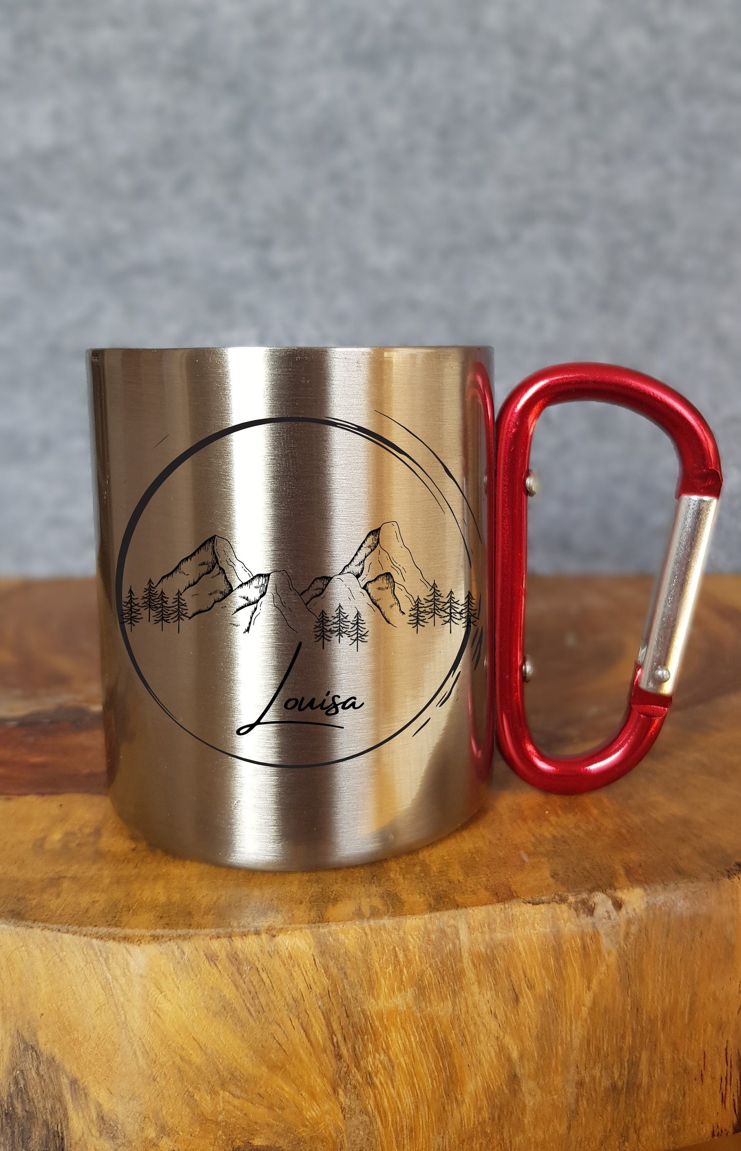 Personalisierbare Tasse - Emaille - Edelstahl - Bergsilhouette - Outdoor - Wandern - Geschenk - Karabiner