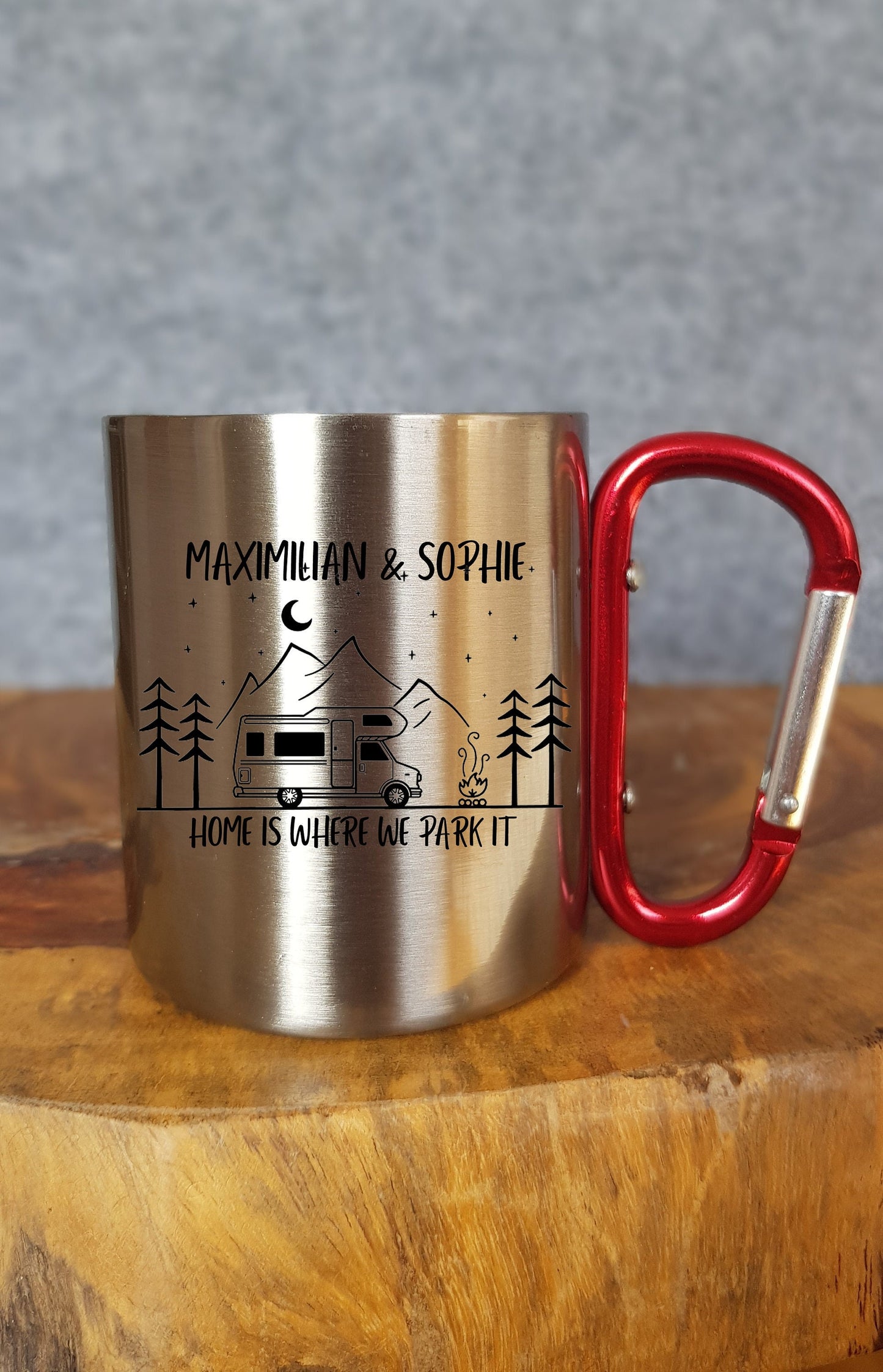 Personalisierbare Tasse - Emaille - Edelstahl - Bergsilhouette - Outdoor - Wandern - Geschenk - Karabiner
