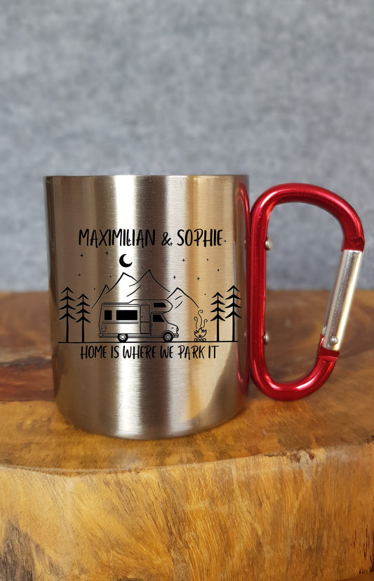 Personalisierbare Tasse - Emaille - Edelstahl - Bergsilhouette - Outdoor - Wandern - Geschenk - Karabiner