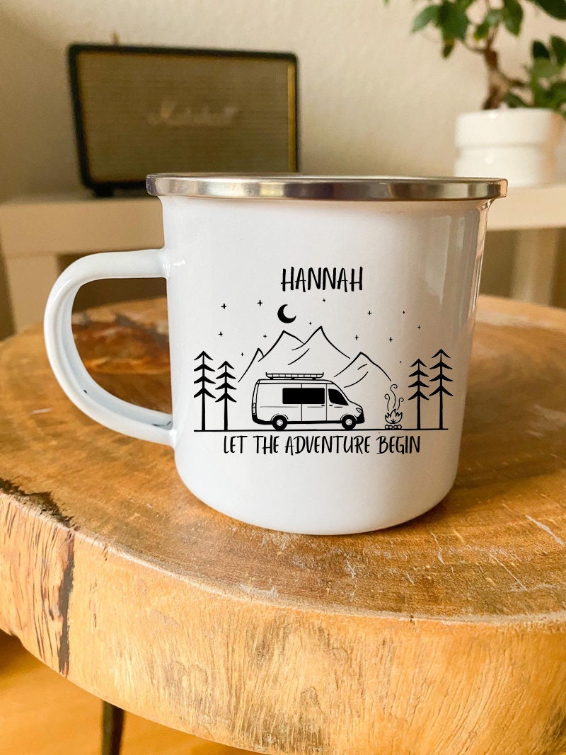 Personalisierbare Tasse - Emaille - Edelstahl - Bergsilhouette - Outdoor - Wandern - Geschenk - Karabiner