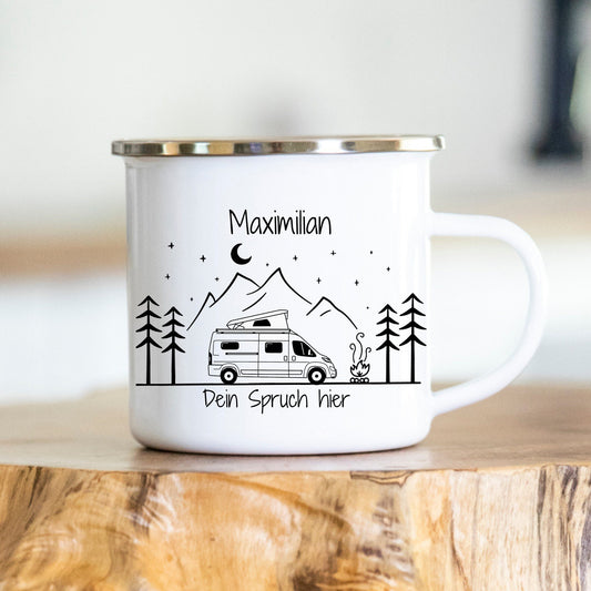 Personalisierbare Tasse - Emaille - Edelstahl - Bergsilhouette - Outdoor - Wandern - Geschenk - Karabiner