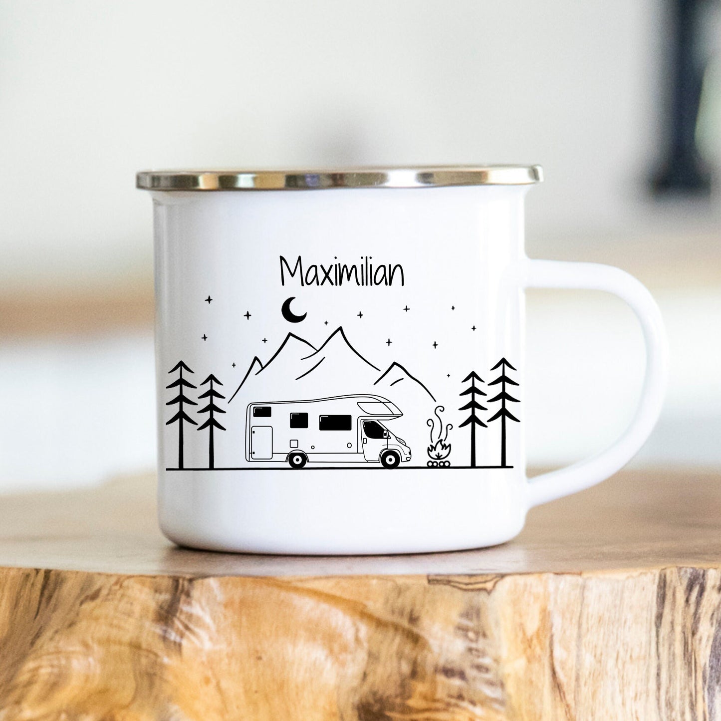Personalisierbare Tasse - Emaille - Edelstahl - Bergsilhouette - Outdoor - Wandern - Geschenk - Karabiner