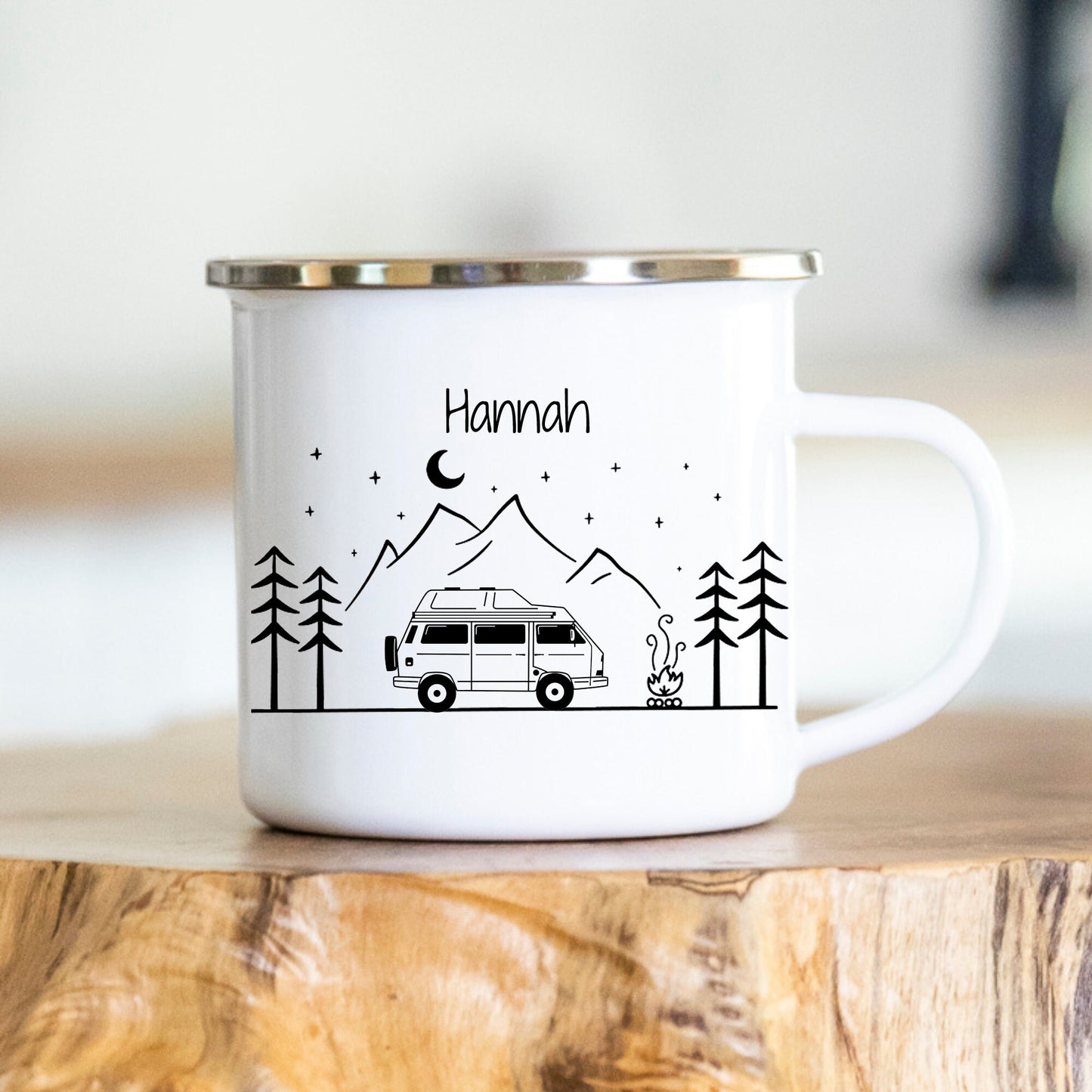 Personalisierbare Tasse - Emaille - Edelstahl - Bergsilhouette - Outdoor - Wandern - Geschenk - Karabiner
