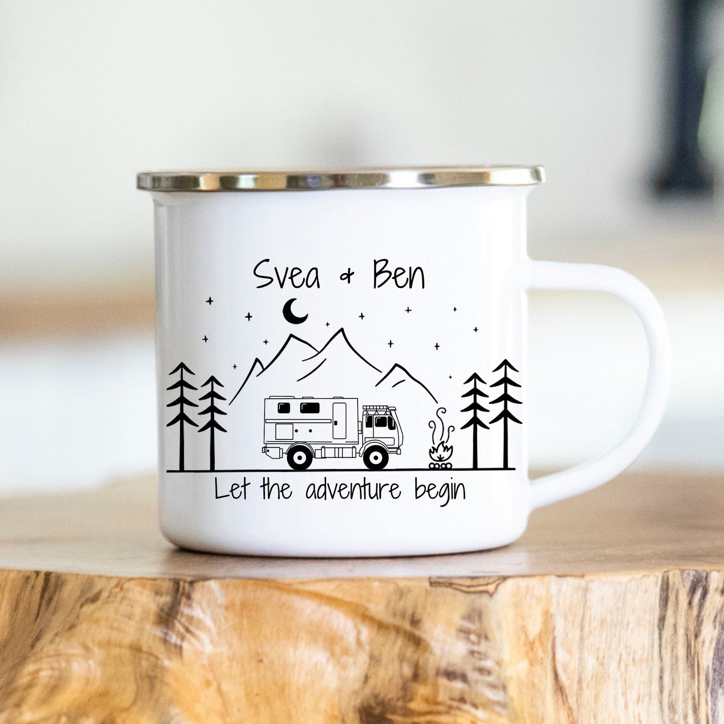 Personalisierbare Tasse - Emaille - Edelstahl - Bergsilhouette - Outdoor - Wandern - Geschenk - Karabiner