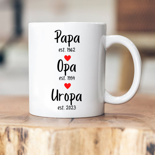 Papa est. 1960 - Opa est. 1985 - Uropa est. 2021 - personalisierte Tasse - Schwangerschaft - Verkündung - Geschenk - Geschenkidee