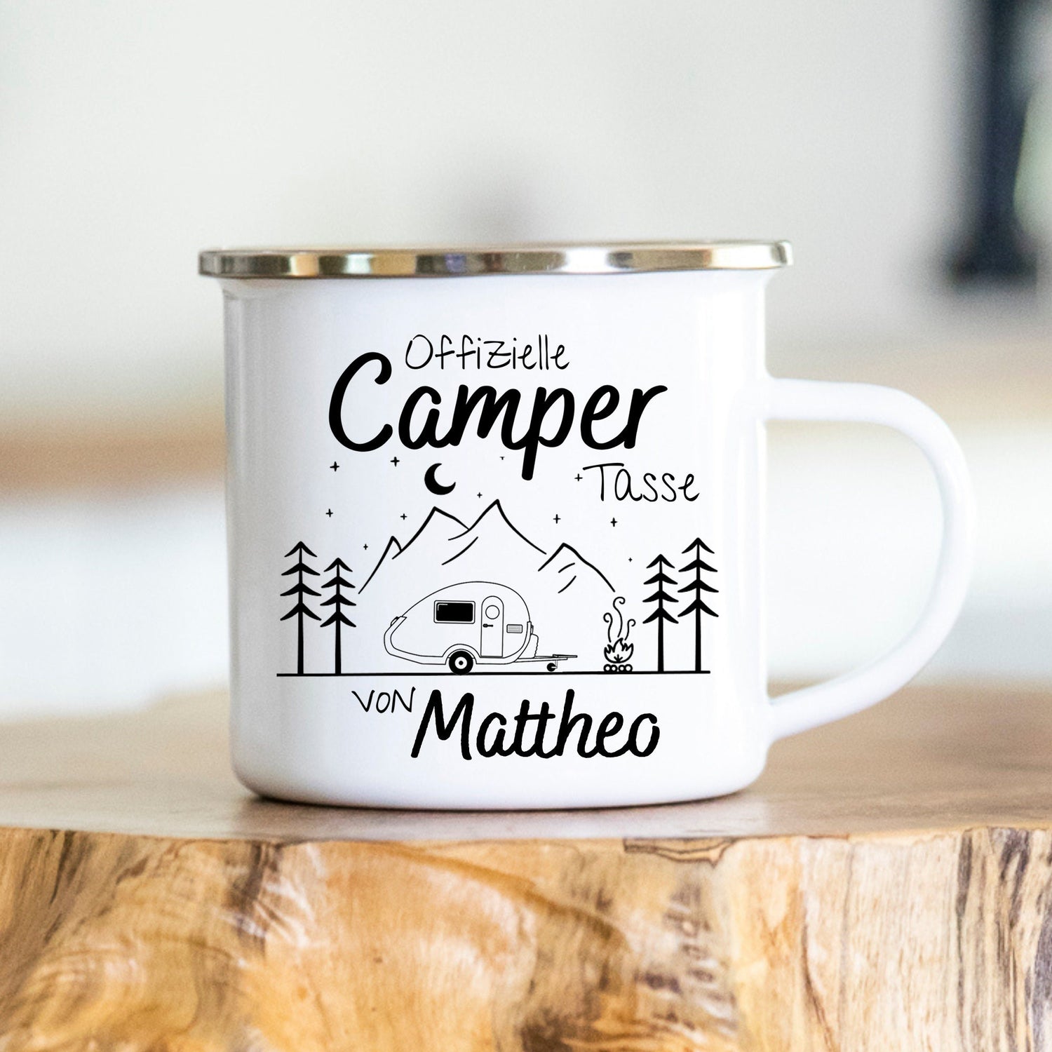 Personalisierbare Tasse - Emaille - Edelstahl - Bergsilhouette - Outdoor - Wandern - Geschenk - Camper