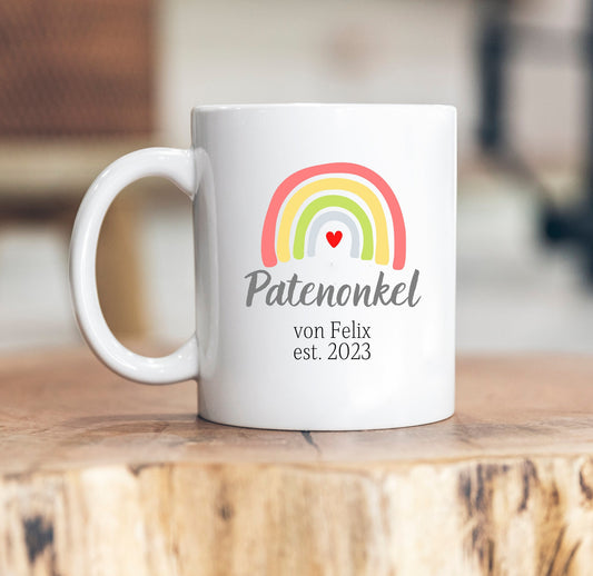 Patenonkel - personalisierte Tasse - Regenbogen - Taufe - Name - jahreszahl - Pate - Freundschaft - Bruder - Neffe