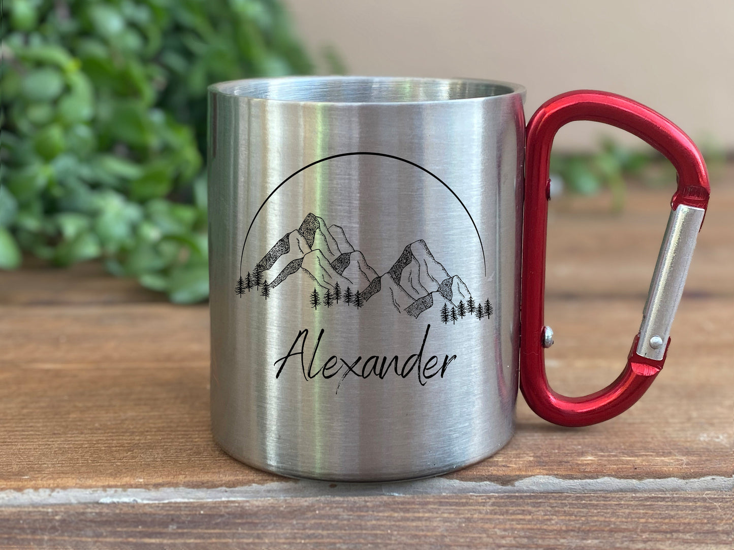 Personalisierbare Tasse - Emaille - Edelstahl - Bergsilhouette - Outdoor - Wandern - Geschenk - Karabiner