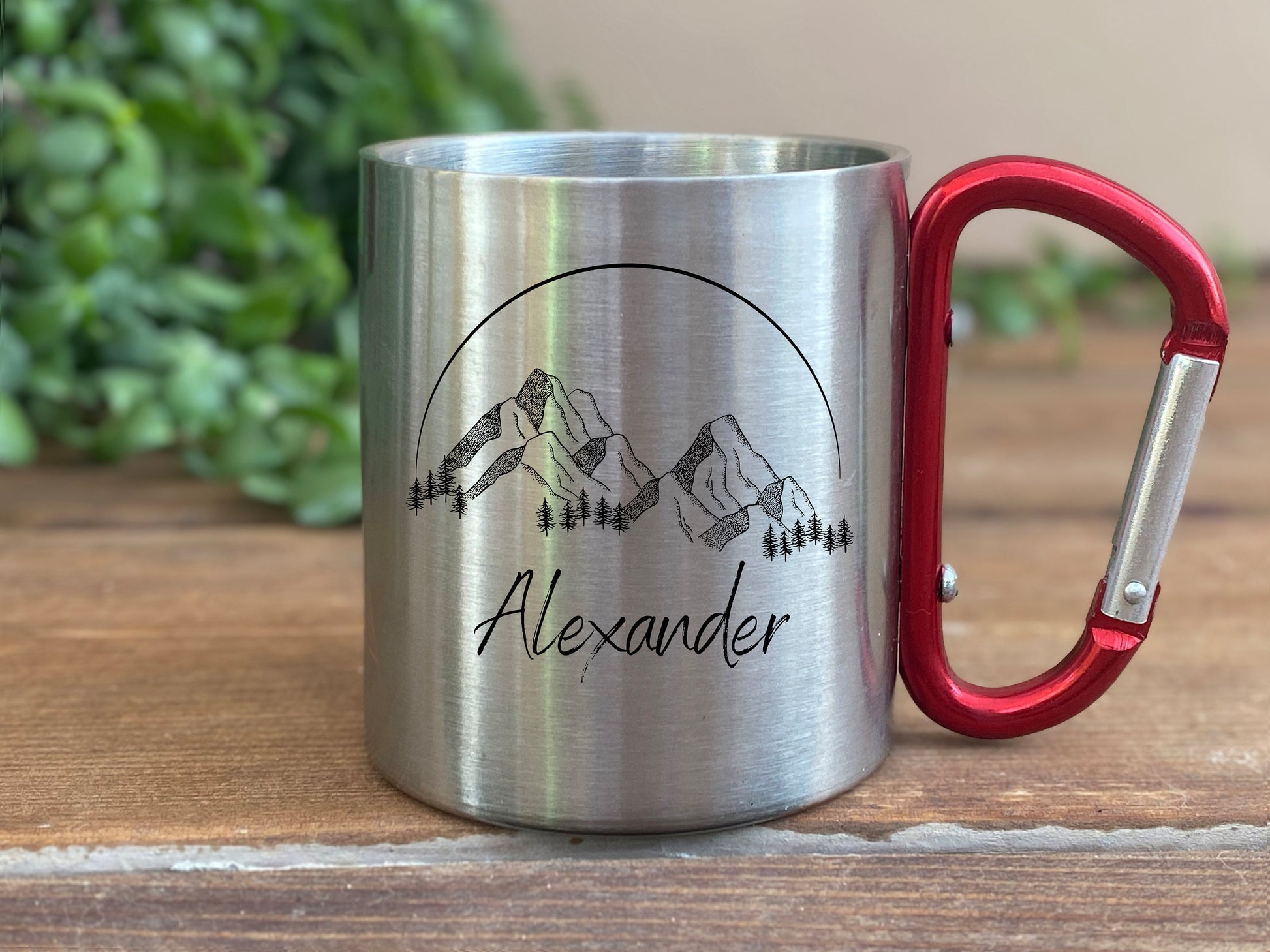 Personalisierbare Tasse - Emaille - Edelstahl - Bergsilhouette - Outdoor - Wandern - Geschenk - Karabiner