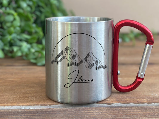 Personalisierbare Tasse - Emaille - Edelstahl - Bergsilhouette - Outdoor - Wandern - Geschenk - Karabiner