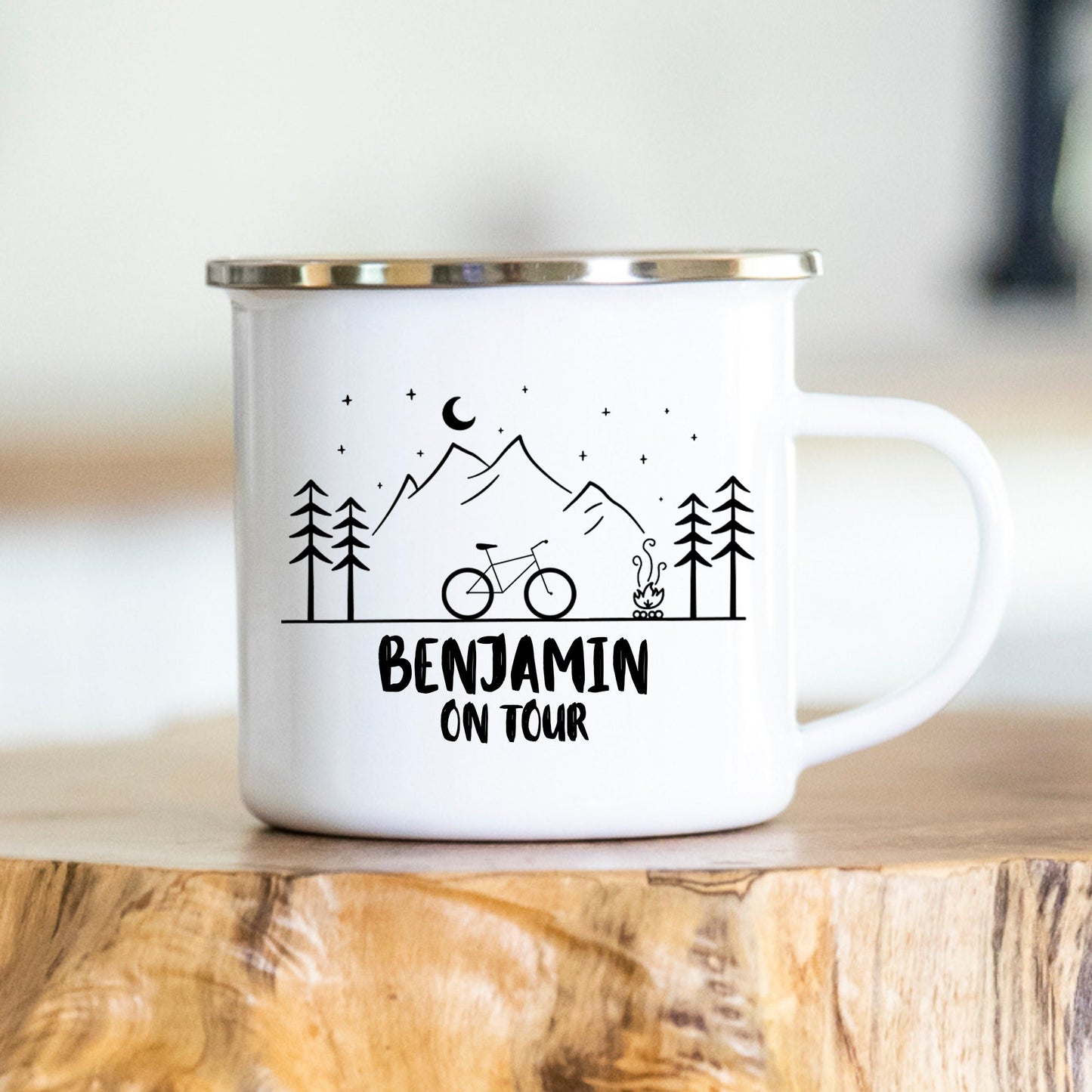Personalisierbare Tasse - Edelstahl - Fahrrad - Name on tour - Outdoor - Wandern - Geschenk - Karabiner - Landschaft