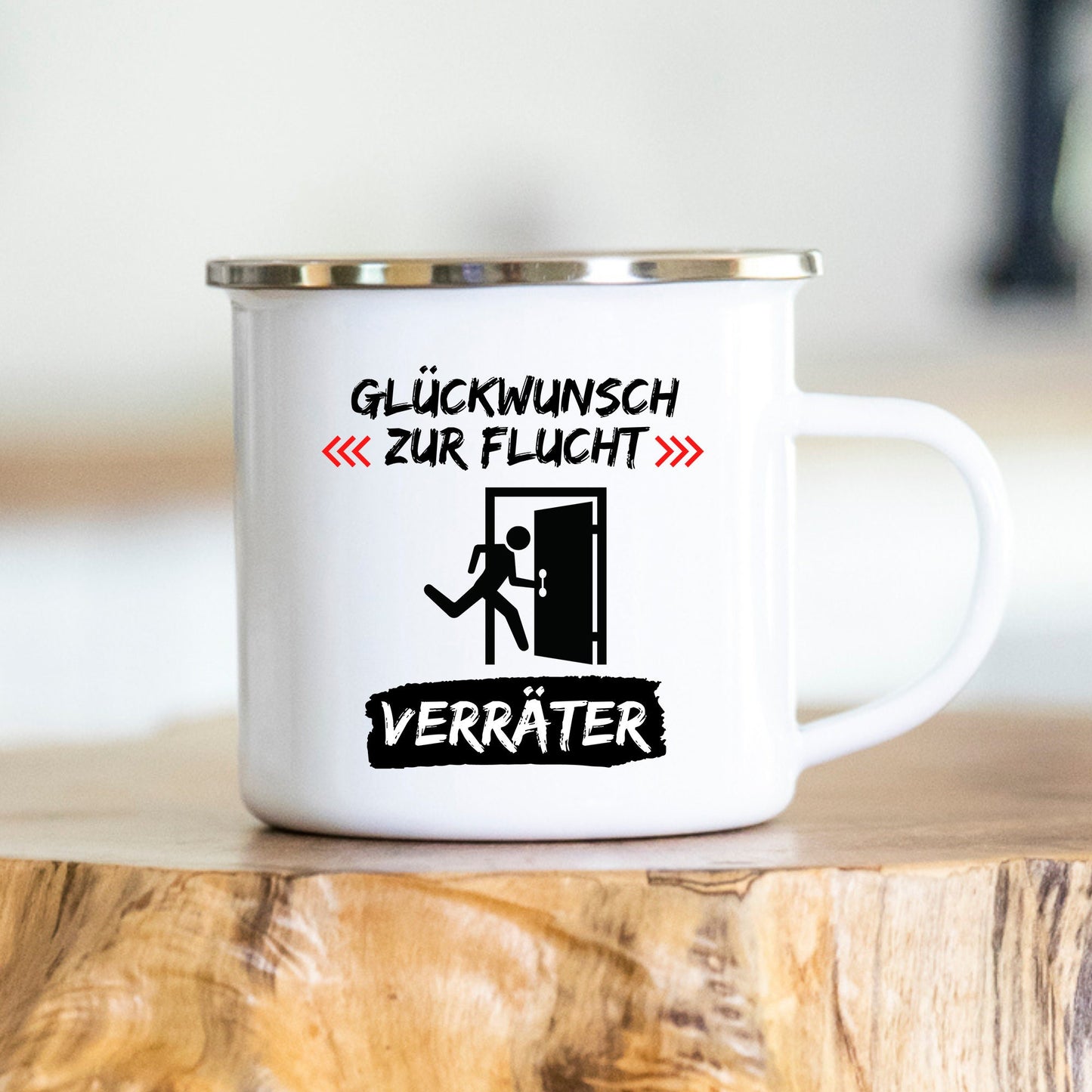 Personalisierbare Tasse - Glückwunsch zur Flucht - Abschiedsgeschenk - Emaille - Keramik
