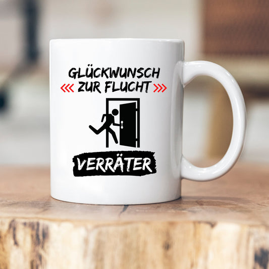 Personalisierbare Tasse - Glückwunsch zur Flucht - Abschiedsgeschenk - Emaille - Keramik