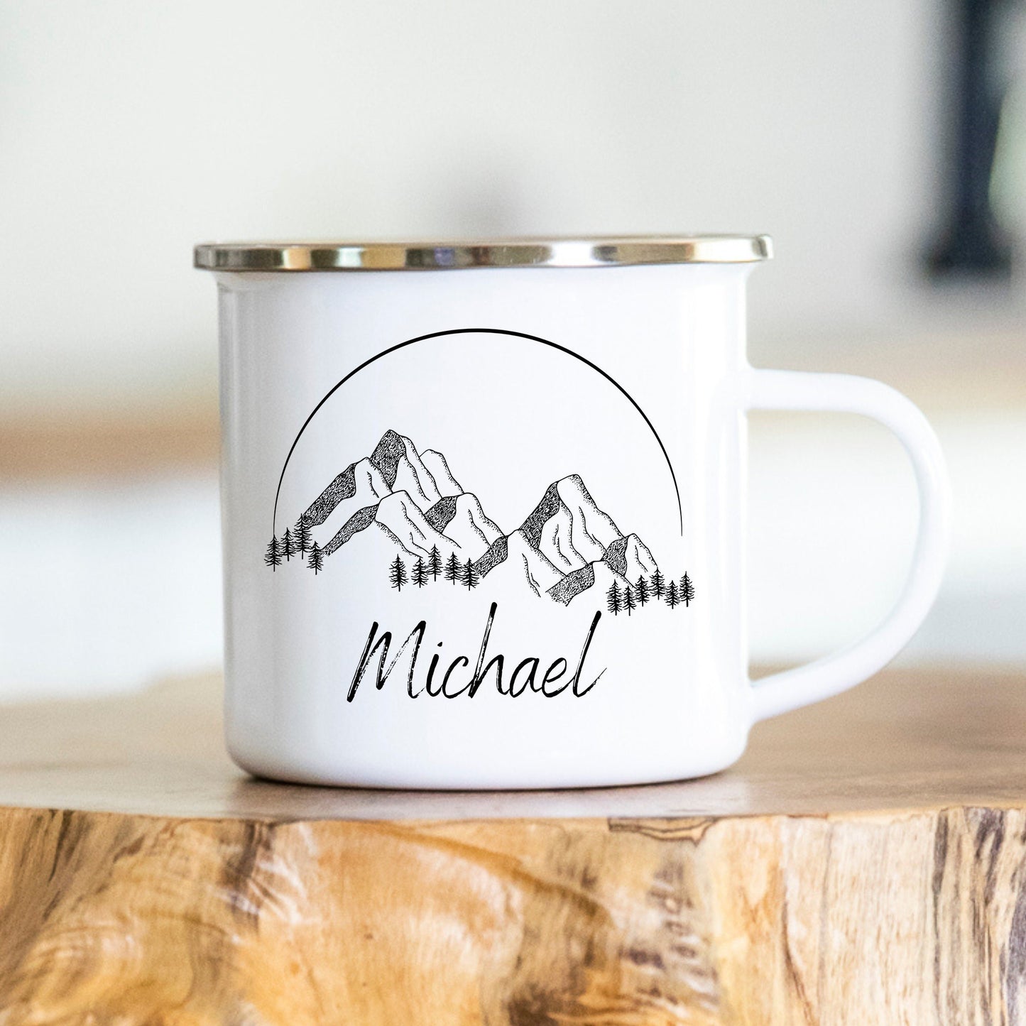 Personalisierbare Tasse - Emaille - Edelstahl - Bergsilhouette - Outdoor - Wandern - Geschenk - Karabiner