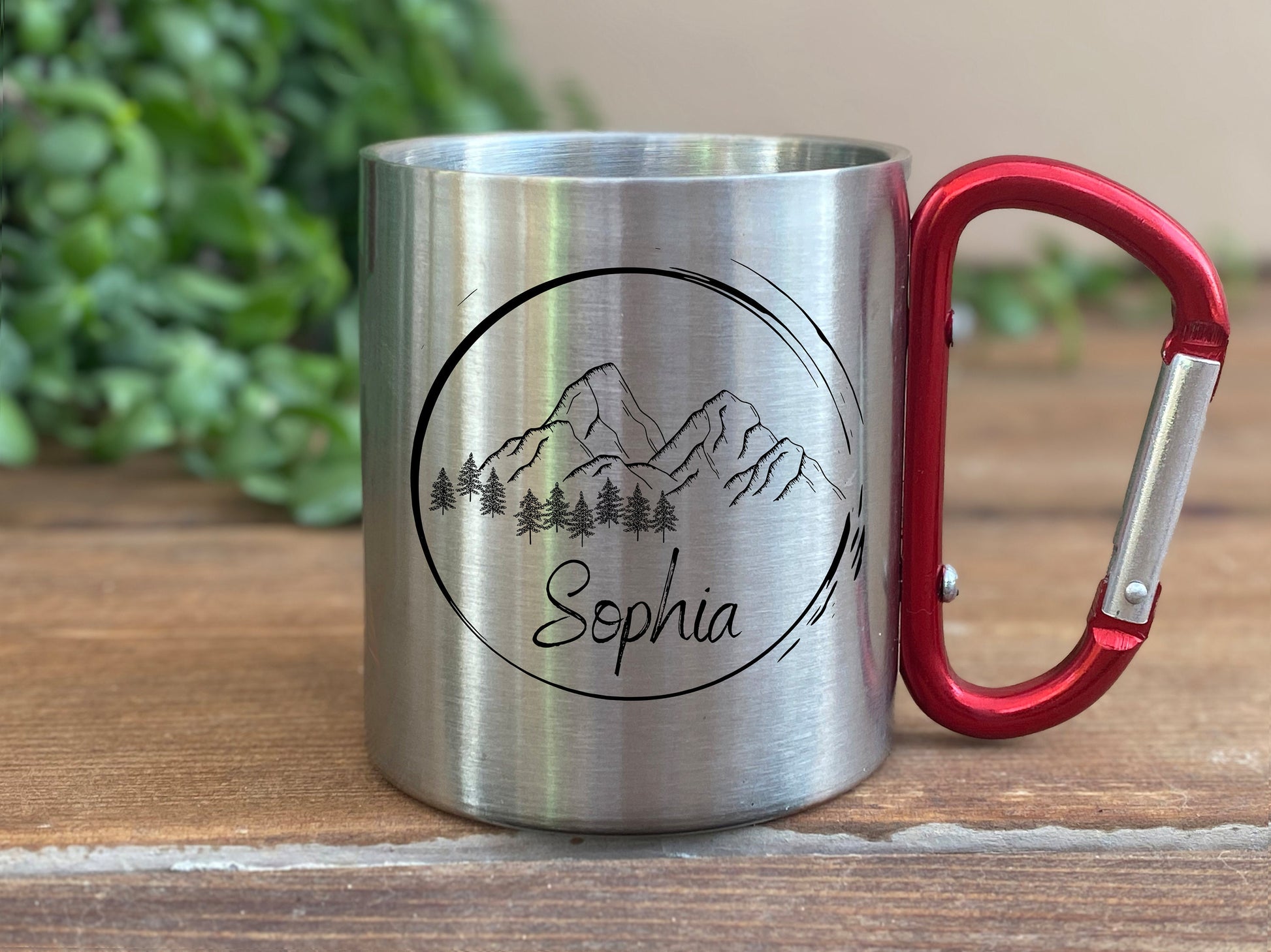 Personalisierbare Tasse - Emaille - Edelstahl - Bergsilhouette - Outdoor - Wandern - Geschenk - Karabiner