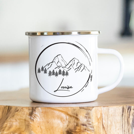 Personalisierbare Tasse - Emaille - Edelstahl - Bergsilhouette - Outdoor - Wandern - Geschenk - Karabiner