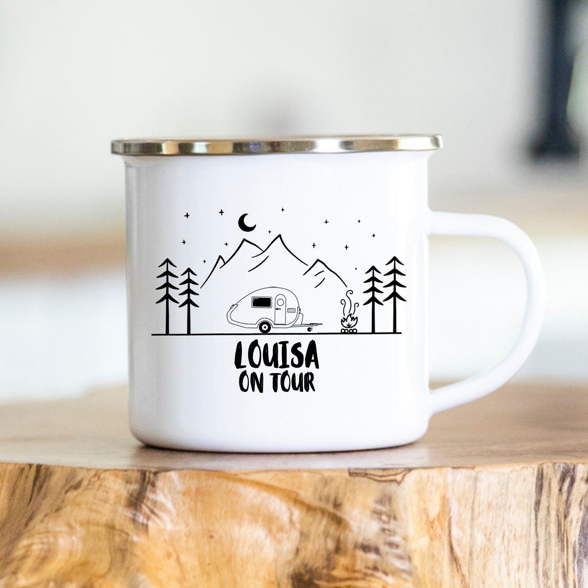 Personalisierbare Tasse - Emaille - Edelstahl - Bergsilhouette - Outdoor - Wandern - Geschenk - Camper