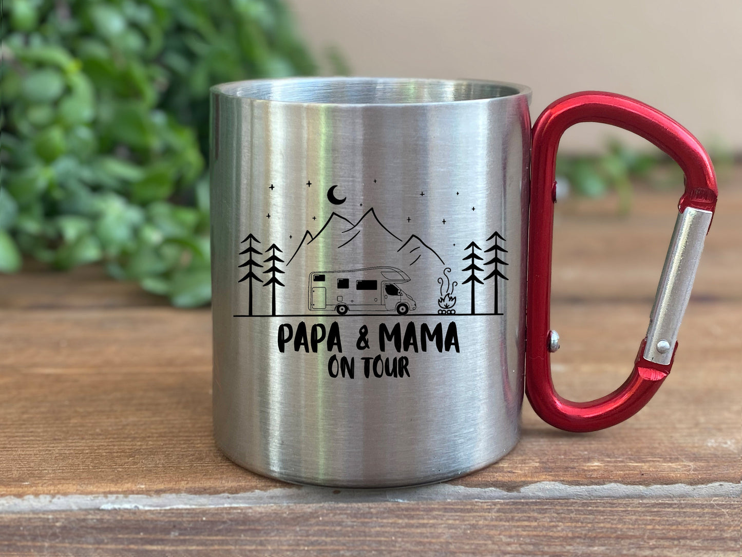 Personalisierbare Tasse - Emaille - Edelstahl - Bergsilhouette - Outdoor - Wandern - Geschenk - Camper