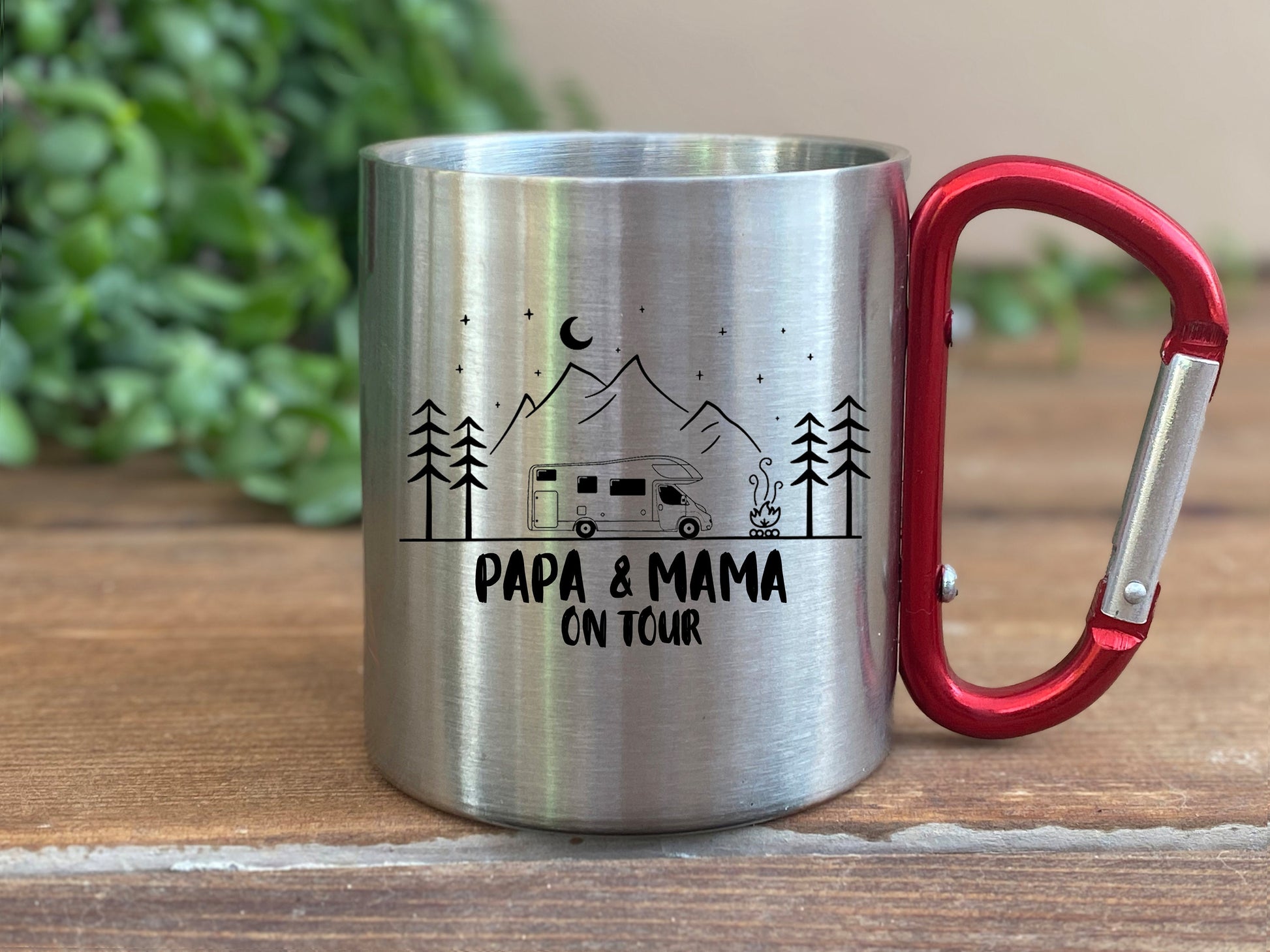 Personalisierbare Tasse - Emaille - Edelstahl - Bergsilhouette - Outdoor - Wandern - Geschenk - Camper
