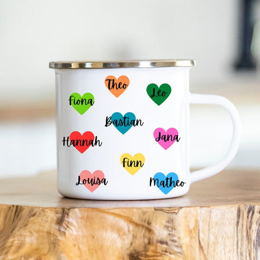Personalisierbare Tasse - Herzen - Namen der Kinder - Erzieherin - Danke - Abschiedsgeschenk - Emaille - Keramik - Geschenk - Tagesmutter