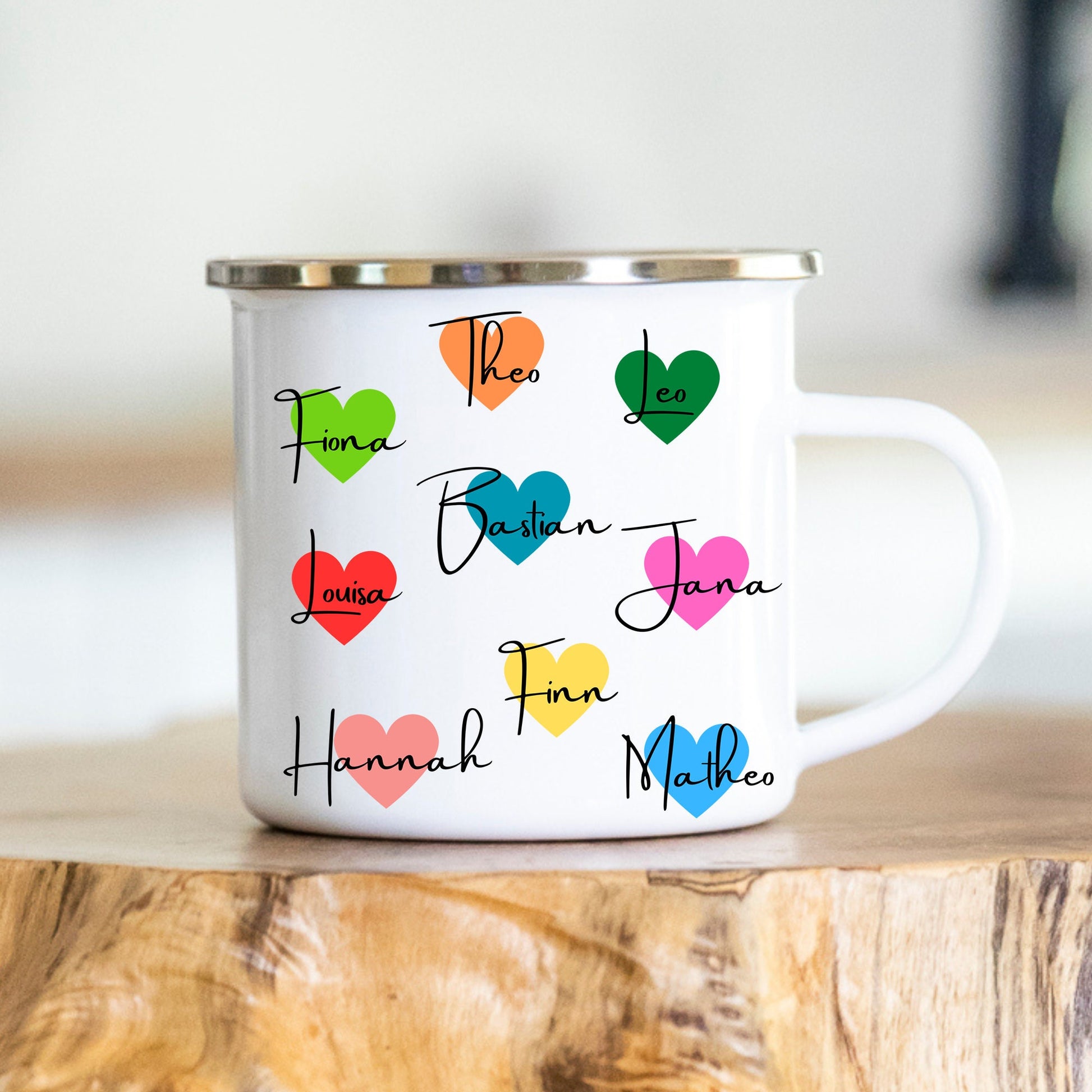 Personalisierbare Tasse - Herzen - Namen der Kinder - Erzieherin - Danke - Abschiedsgeschenk - Emaille - Keramik - Geschenk - Tagesmutter