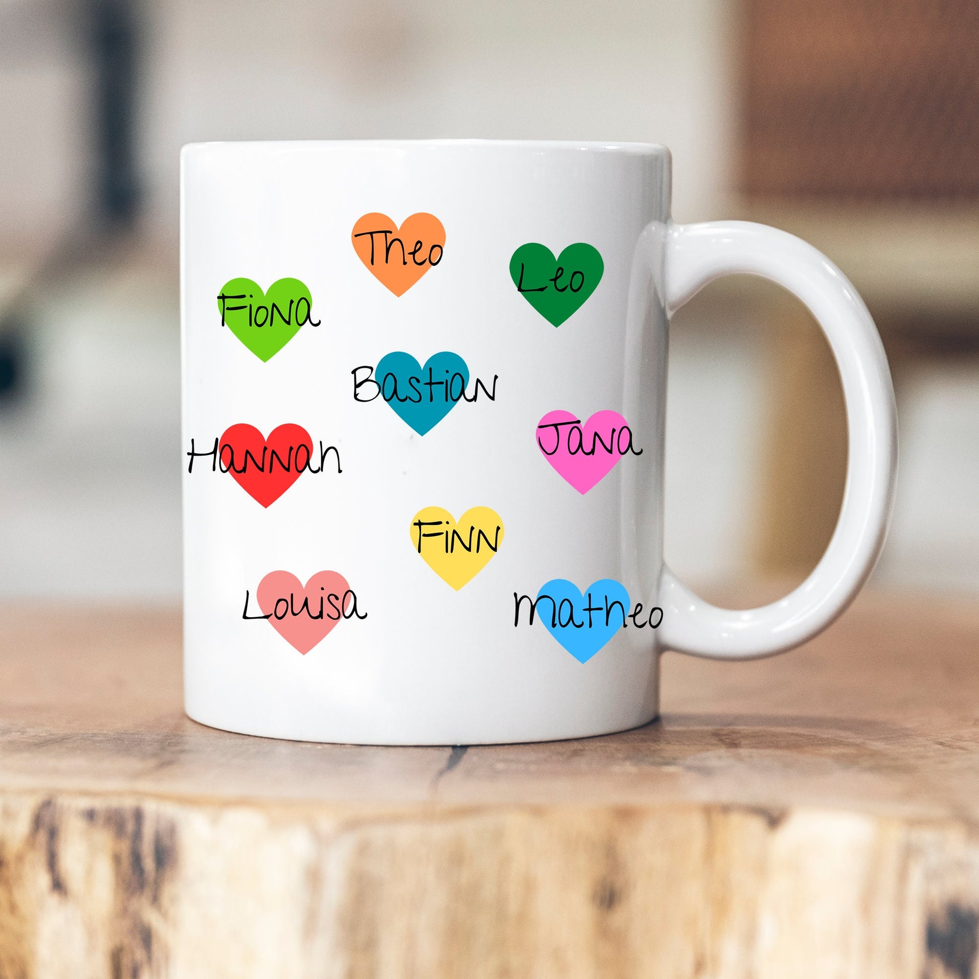 Personalisierbare Tasse - Herzen - Namen der Kinder - Erzieherin - Danke - Abschiedsgeschenk - Emaille - Keramik - Geschenk - Tagesmutter