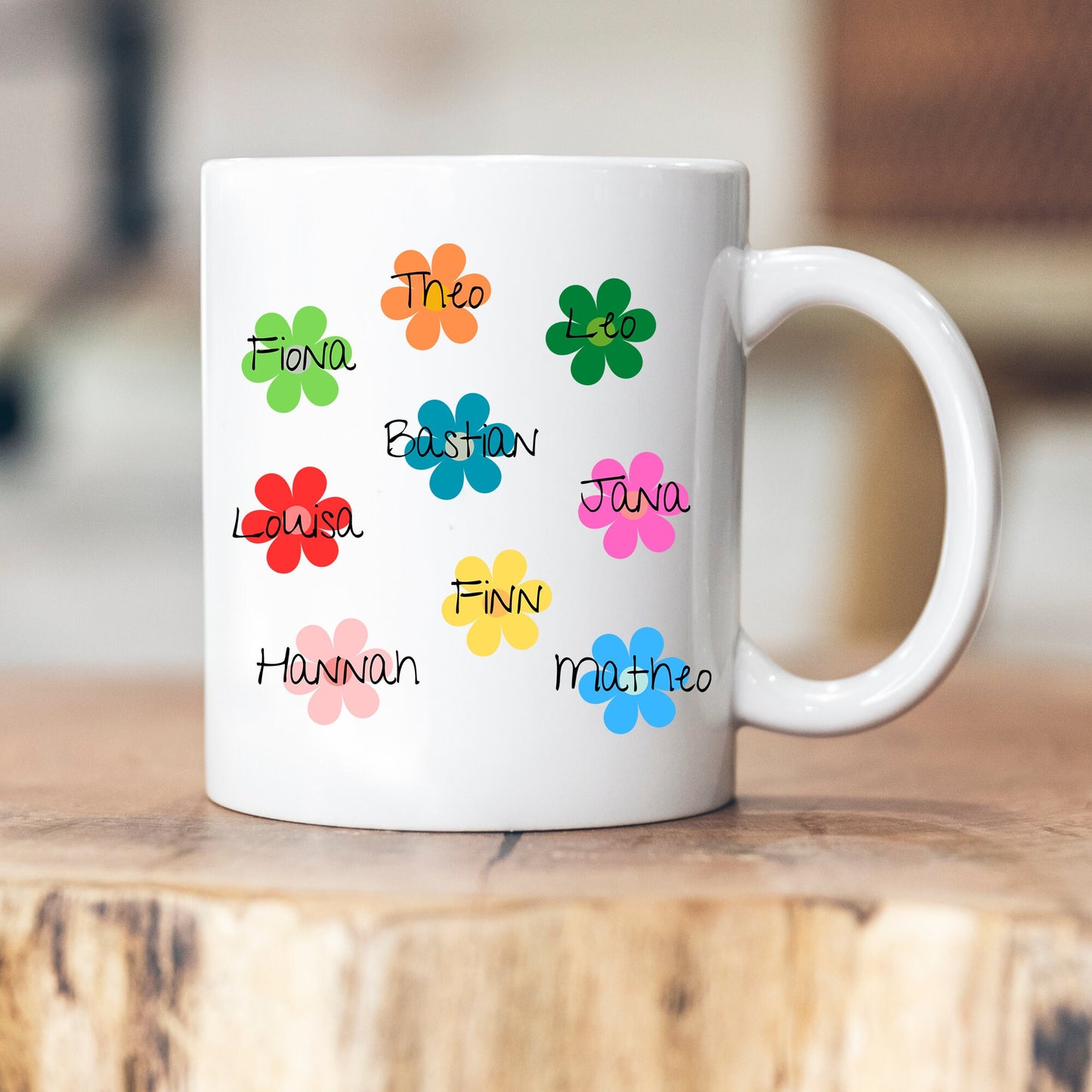 Personalisierbare Tasse - Blumen - Namen der Kinder - Erzieherin - Danke - Abschiedsgeschenk - Emaille - Keramik - Geschenk - Tagesmutter