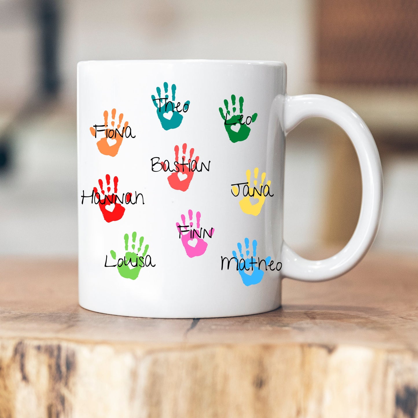 Personalisierbare Tasse - Blumen/Hände/Herzen - Namen der Kinder - Emaille oder Keramik - Abschiedsgeschenk - Erzieherin - Tagesmutter