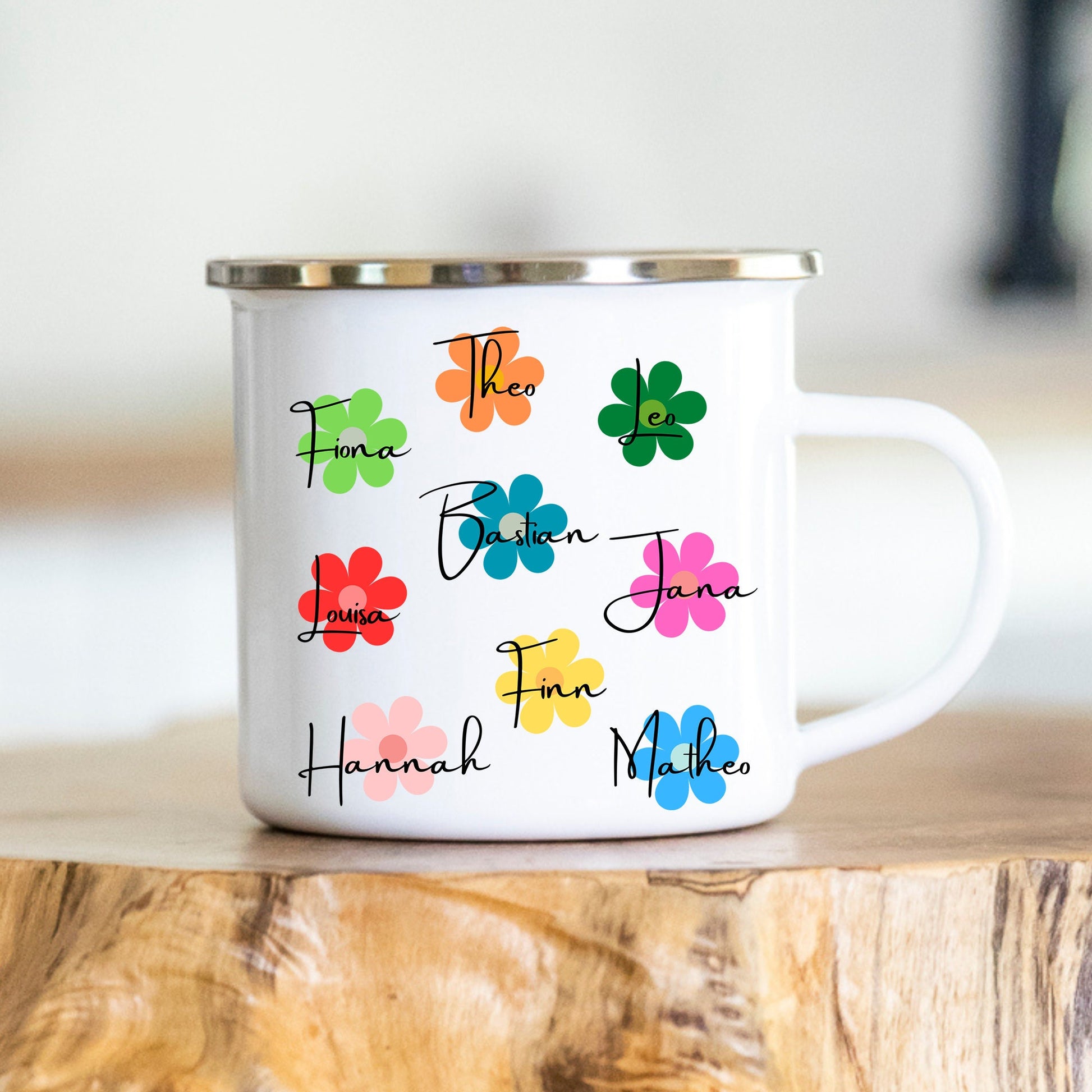 Personalisierbare Tasse - Blumen - Namen der Kinder - Erzieherin - Danke - Abschiedsgeschenk - Emaille - Keramik - Geschenk - Tagesmutter