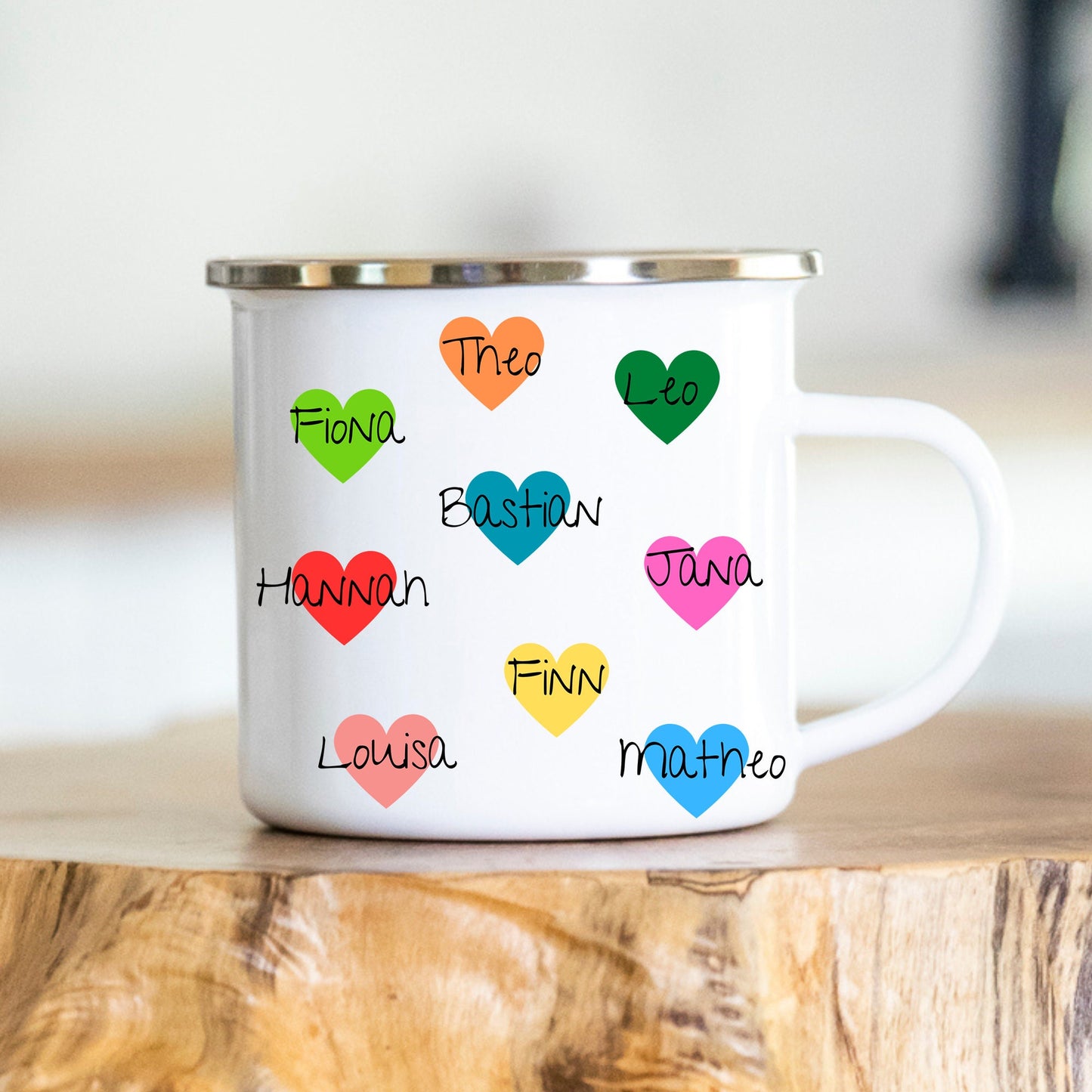 Personalisierbare Tasse - Blumen/Hände/Herzen - Namen der Kinder - Emaille oder Keramik - Abschiedsgeschenk - Erzieherin - Tagesmutter