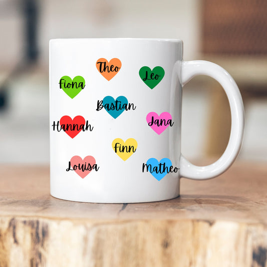 Personalisierbare Tasse - Blumen/Hände/Herzen - Namen der Kinder - Emaille oder Keramik - Abschiedsgeschenk - Erzieherin - Tagesmutter