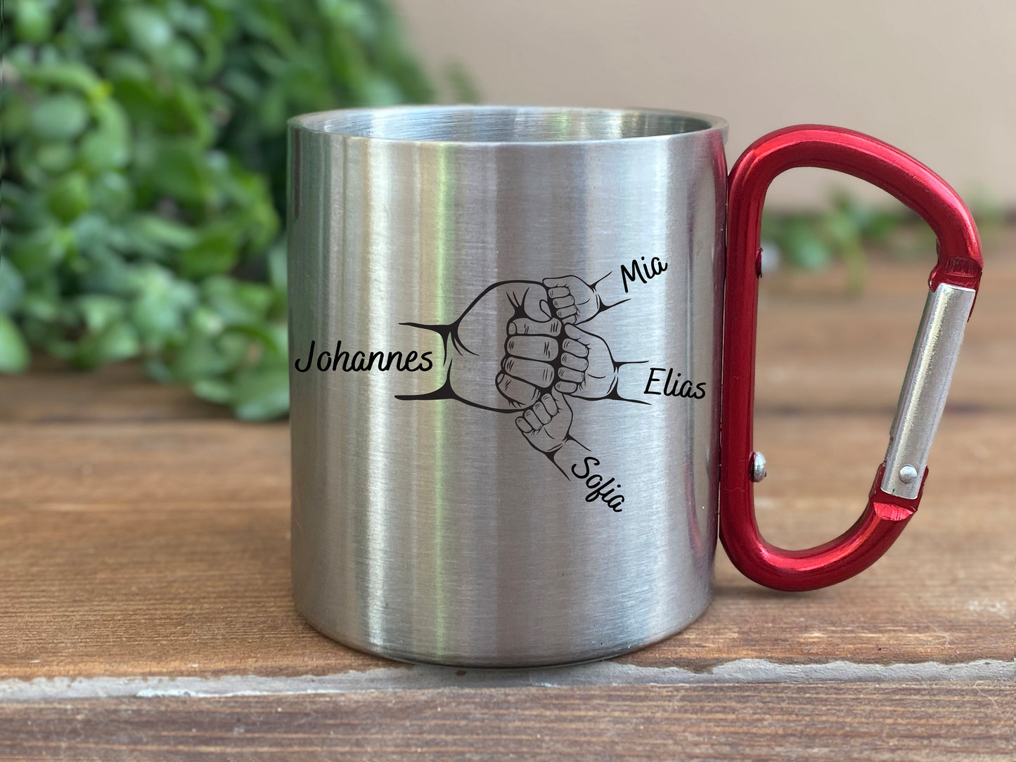 Personalisierte Tasse mit Namen - Geschenk zum Vatertag - Geburtstag - Papa - Keramik - Emaille - Edelstahltasse mit Karabinerhaken