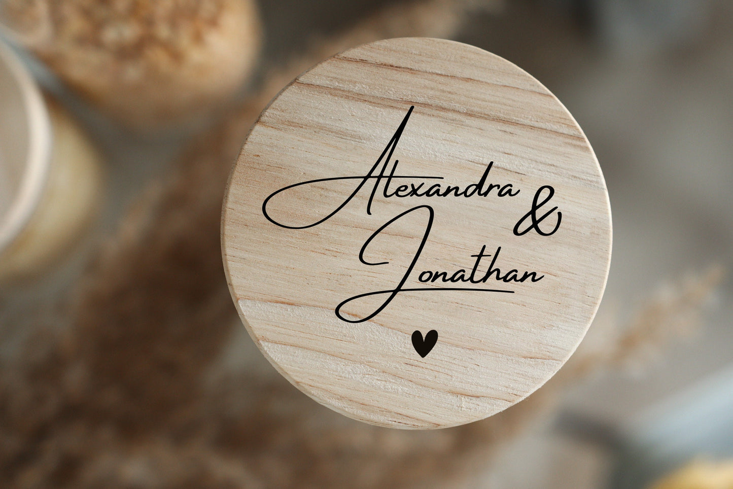 Personalisiertes Vorratsglas - Aufbewahrungsglas - 4 Größen - Holzdeckel - personalisierbar - Zwei Namen & Datum - Hochzeit - Einweihung