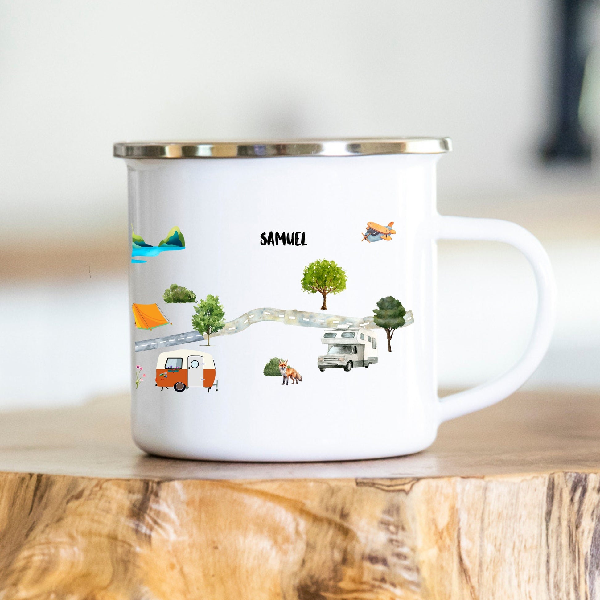 Personalisierbare Tasse - Emaille - Bergsilhouette - Outdoor - Wandern - Geschenk - Camper